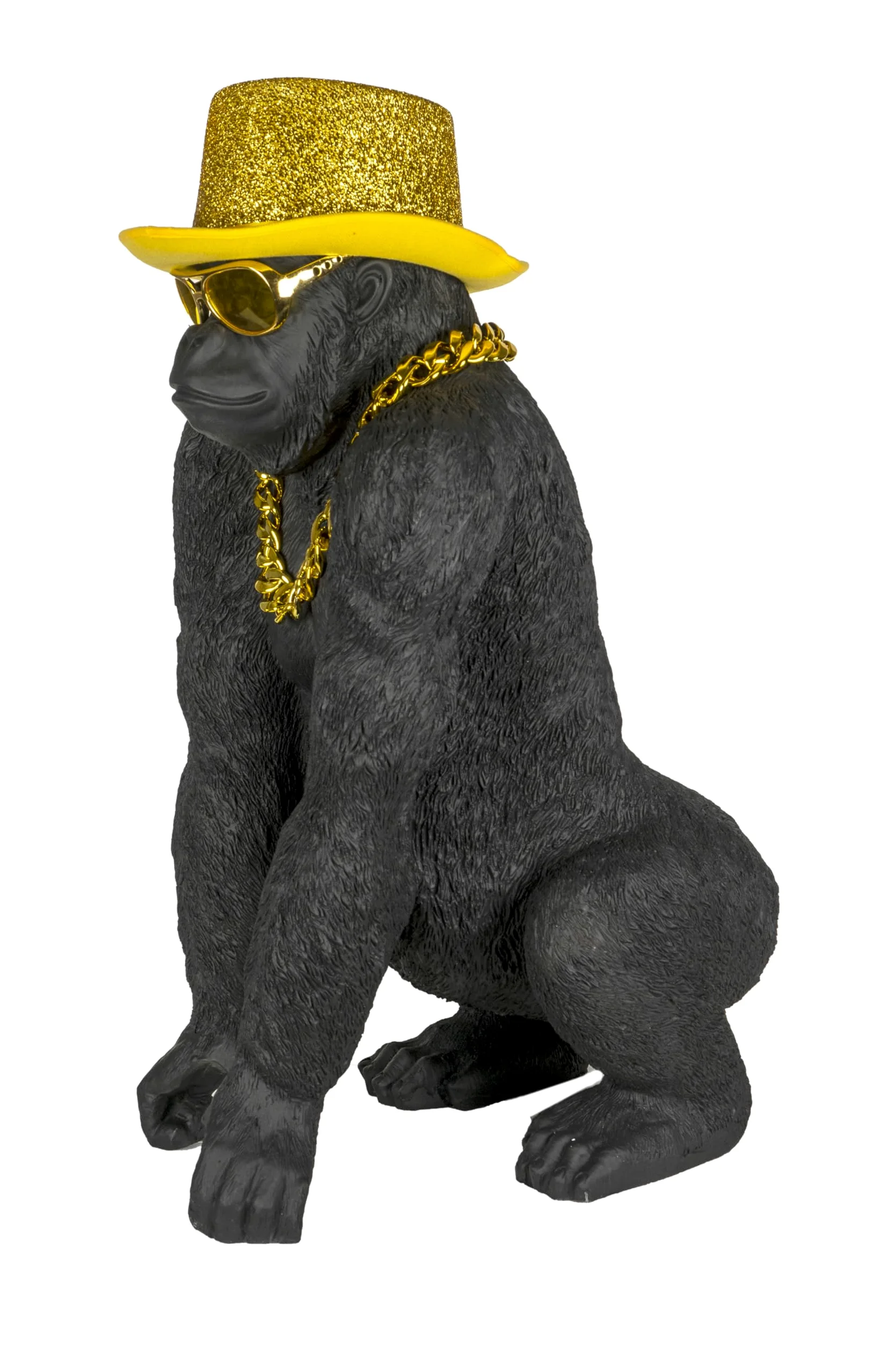 Bongo Gold – Statua Gorilla dorata di alta qualità, statuetta decorativa con occhiali e catena dorata – scultura di design XXL – creazione francese di eccezione per soggiorno ufficio