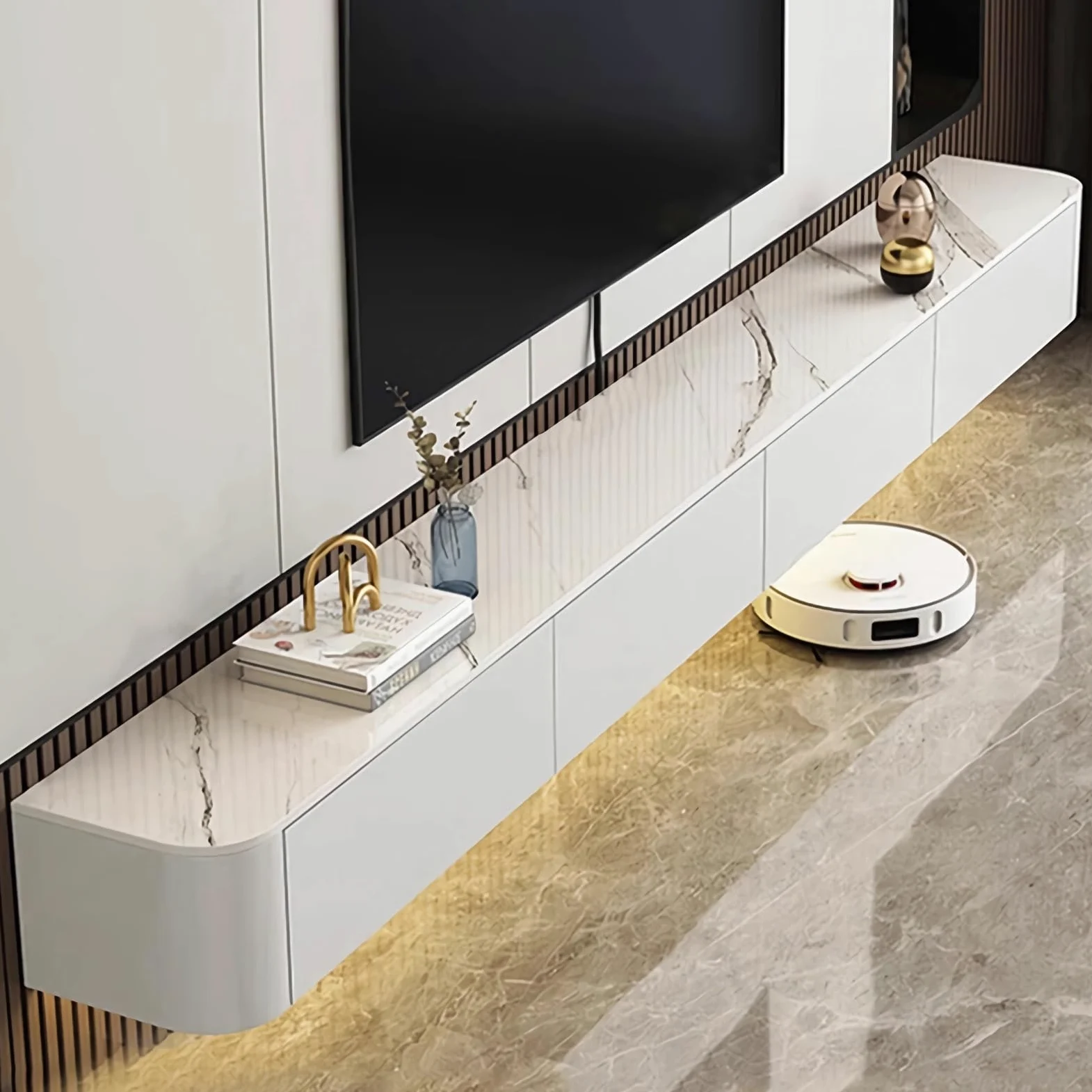 Mobile TV sospeso in legno massello, mobile TV moderno soggiorno per l'archiviazione, mobile porta TV con ante，Mobili per soggiorno, camera da letto, ufficio (Bianco-B, 300cm/118.1in)