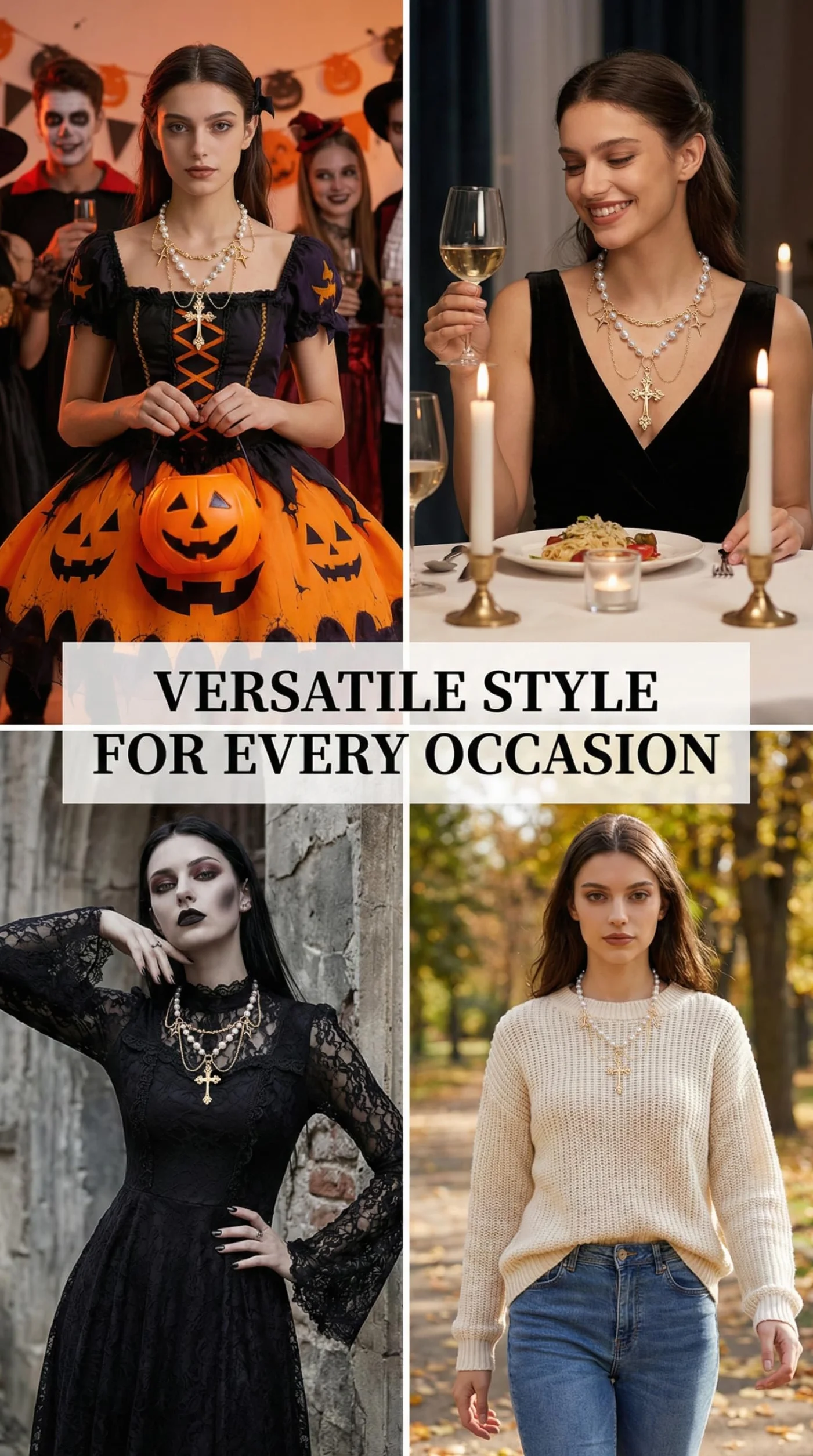 Collana Gotica con Croce Dorata Cristallo e Perla Sintetica Regolabile