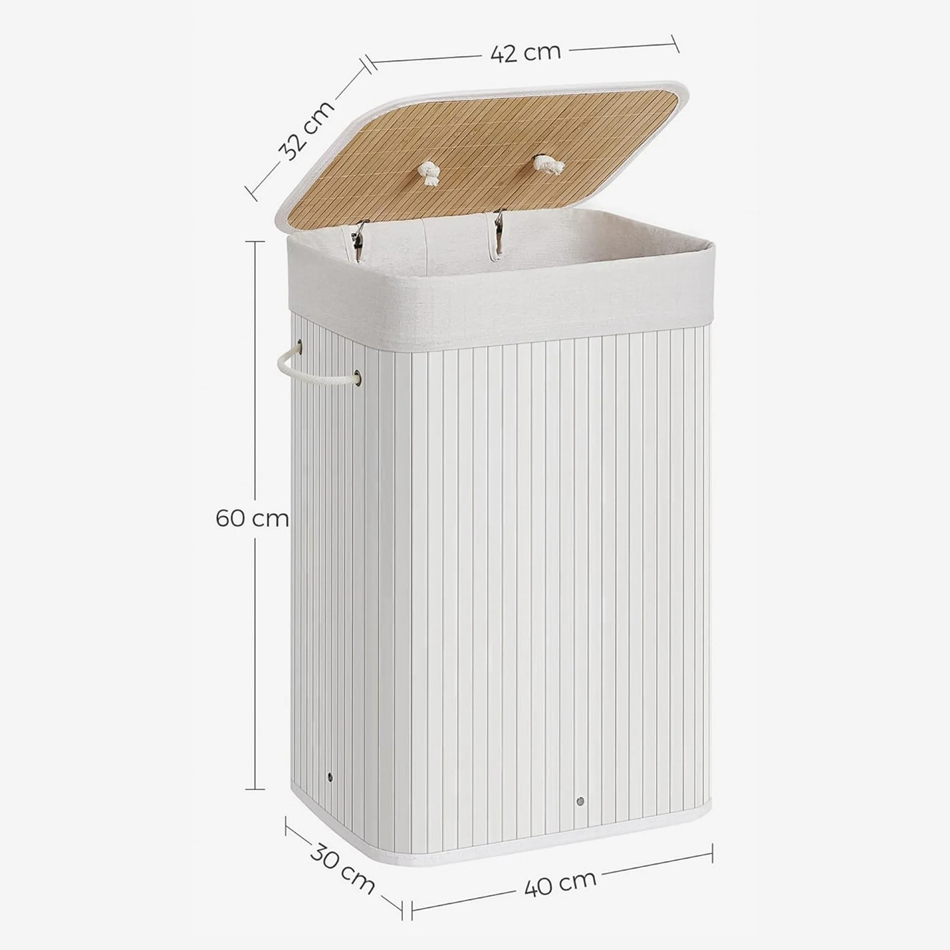 Comart - Portabiancheria Bamboo - 72 L - 1 Scomparto - Cesto Salvaspazio - Pieghevole - con Coperchio e Maniglie - Fodera Interna Rimovibile - Porta Panni e Bucato - per Lavanderia e Bagno - Bianco