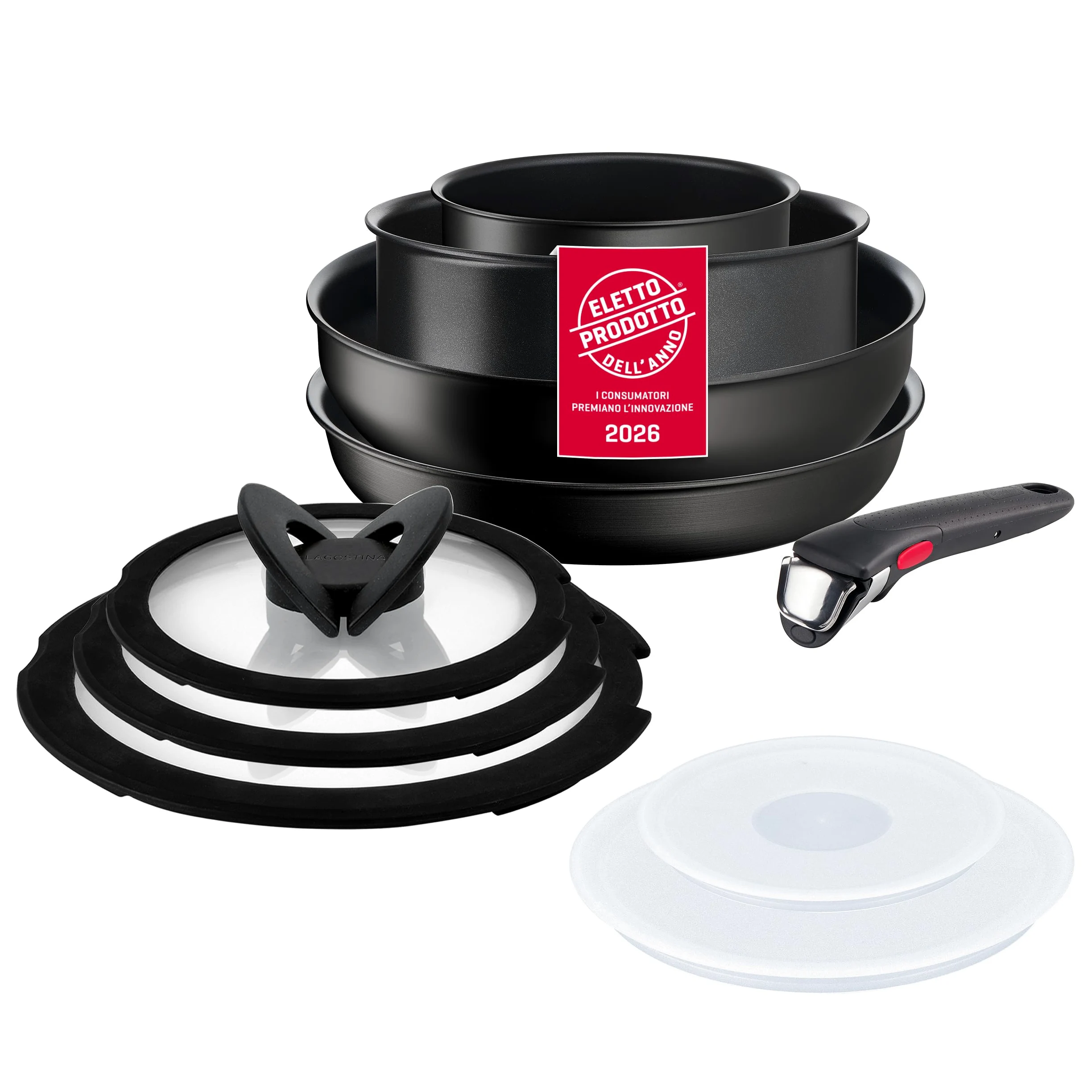 Lagostina Ingenio Intensive Pro, Set 10 Pezzi, 4 Corpi Pentola, 3 Coperchi in Vetro, 2 Coperchi in Plastica e Manico Rimovibile, Rivestimento in Titanio,per Tutte le Fonti di Calore Inclusa Induzione