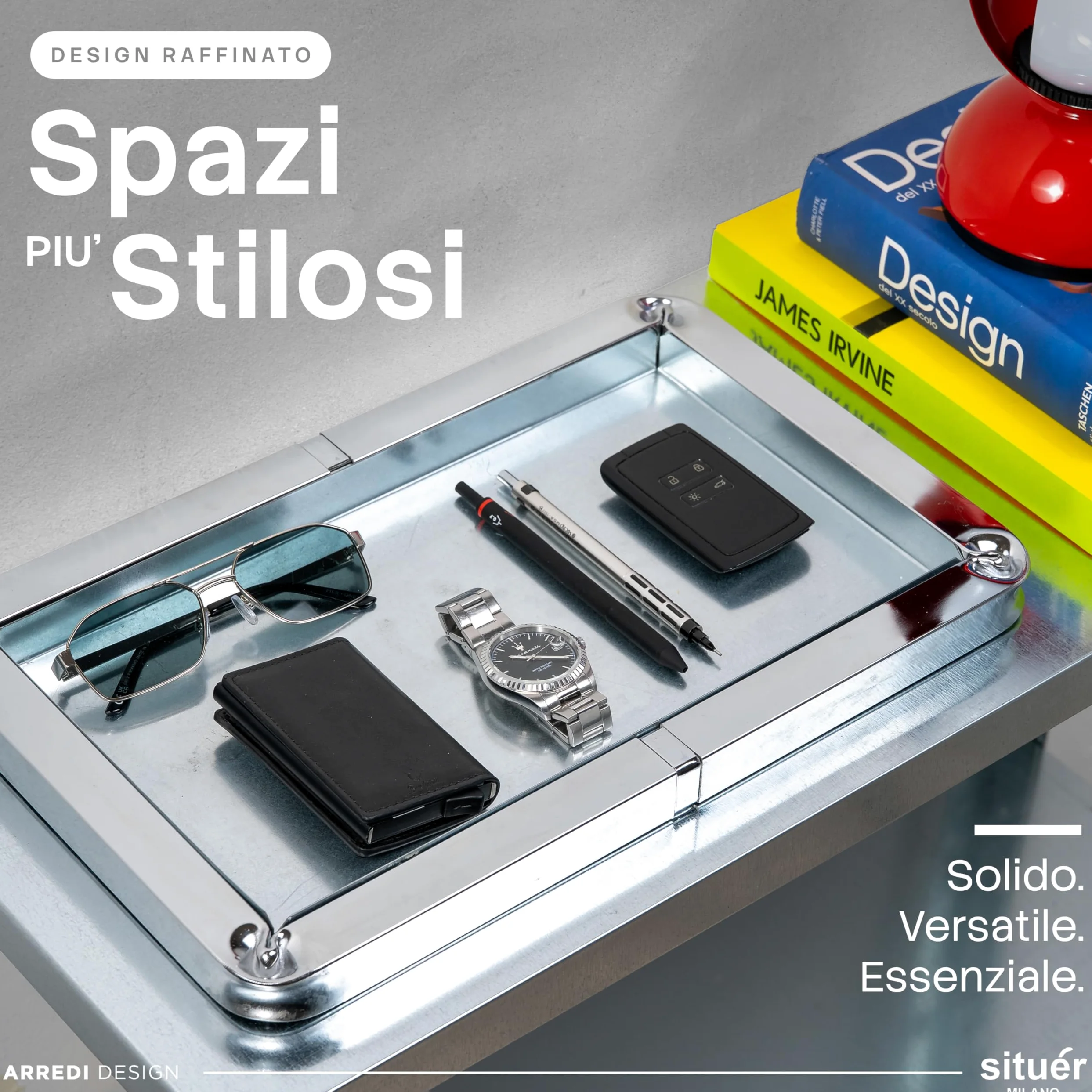 Situér Milano Svuotatasche Design Moderno con Piega Brevettata 40x25cm in Metallo Cromato Made in Italy - Vassoio Portaoggetti Versatile, Elegante e Raffinato