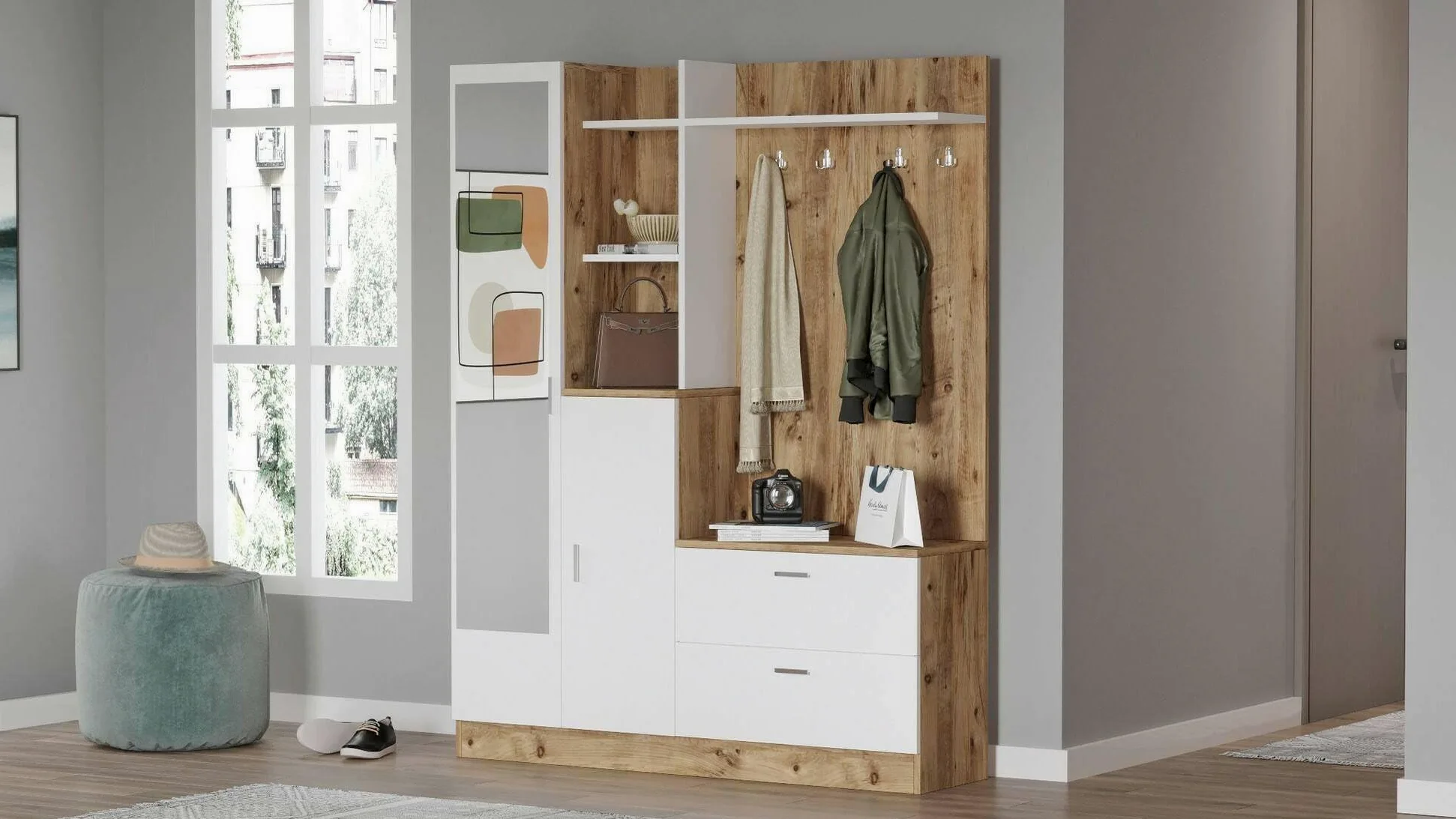 Dmora Mobile da Ingresso Homam, Entratina Appendiabiti, Composizione per atrio, Consolle portaoggetti Multifunzione, 140x37h182 cm, Quercia e Bianco
