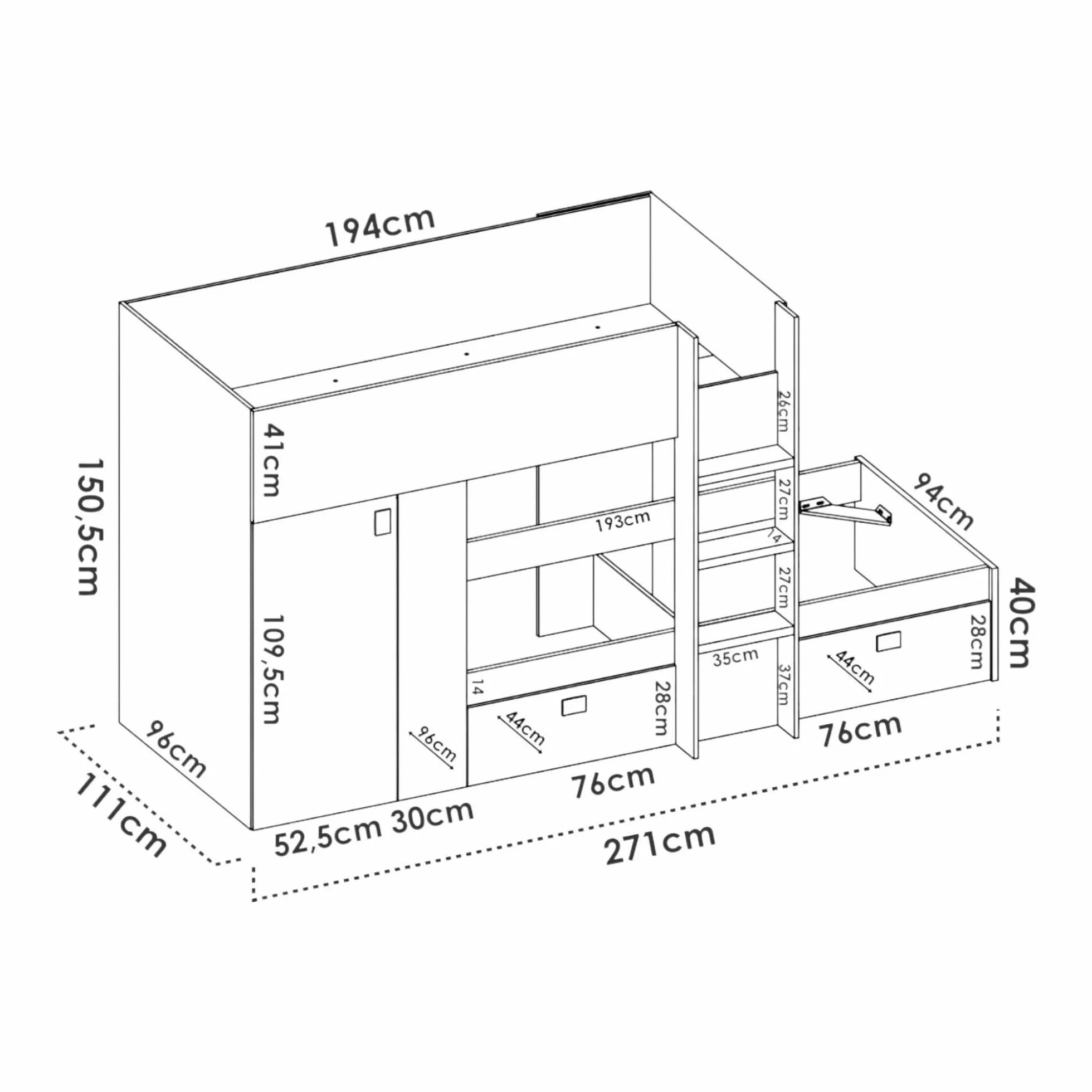 Dmora - Letto per bambini Cevedale, Cameretta completa con armadio e cassetti, Composizione letto a castello con due lettini singoli, 271x111h150 cm, Bianco e Rovere