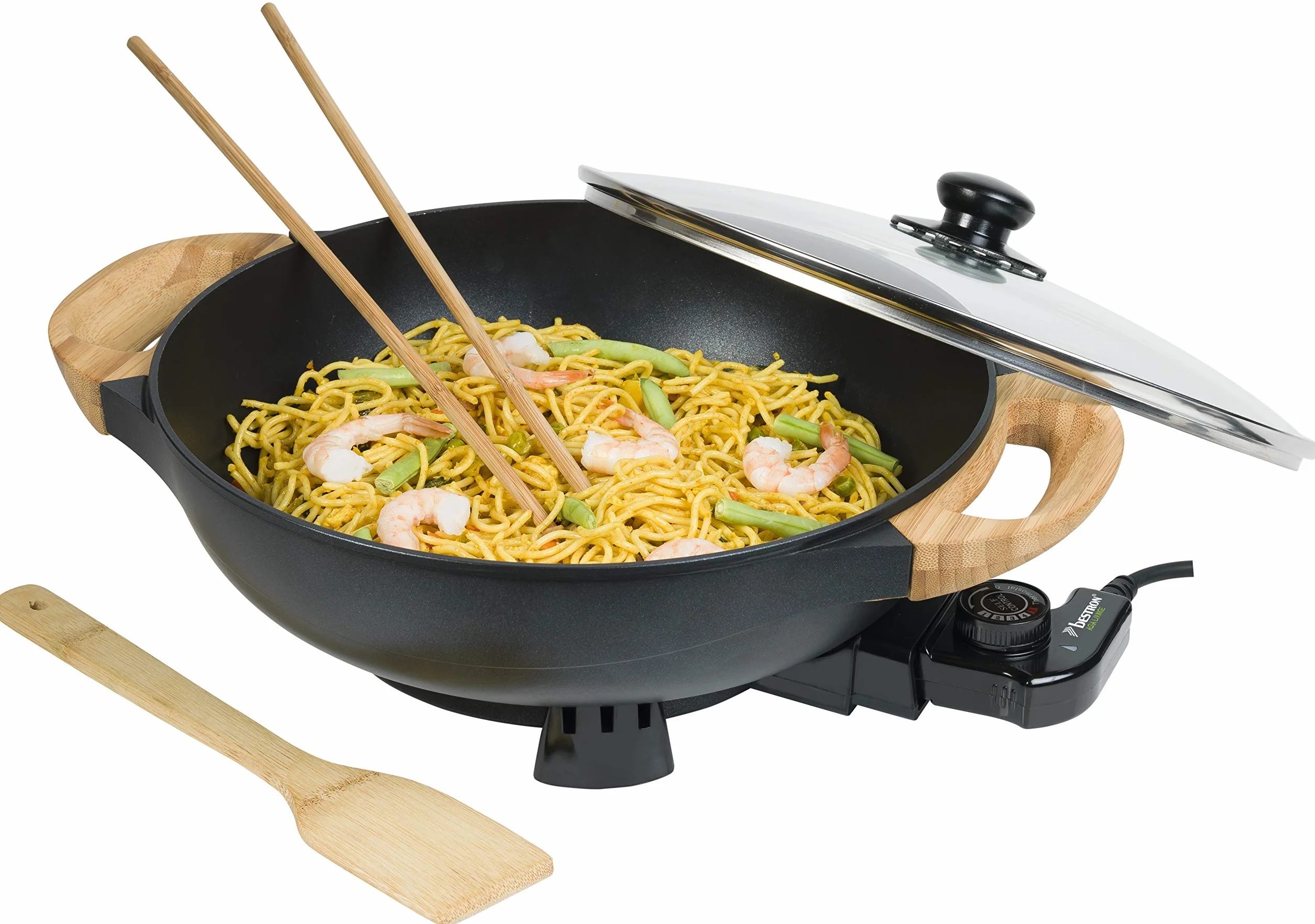 Bestron AEW100AS Wok Elettrico 1500W 5 Litri Nero Metallizzato con Coperchio Vetro e Accessori