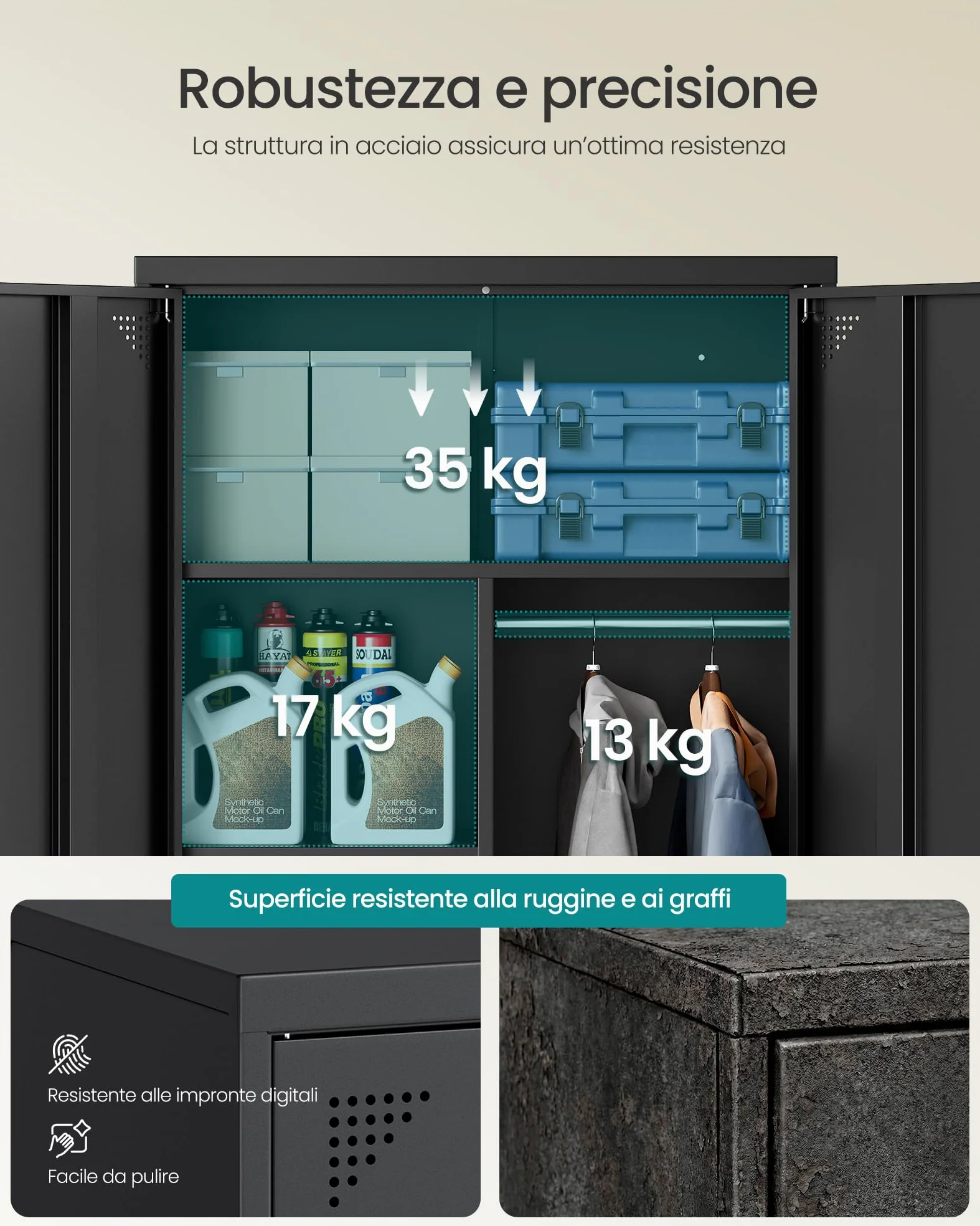 SONGMICS Armadio Multiuso, Guardaroba, Mobile da Ufficio in Metallo, con 2 Ante, 5 Scomparti, Barra Appendiabiti, Chiusura a Chiave, Piedini Alti, 80 x 40 x 165 cm, Nero Opaco OMC018BD01