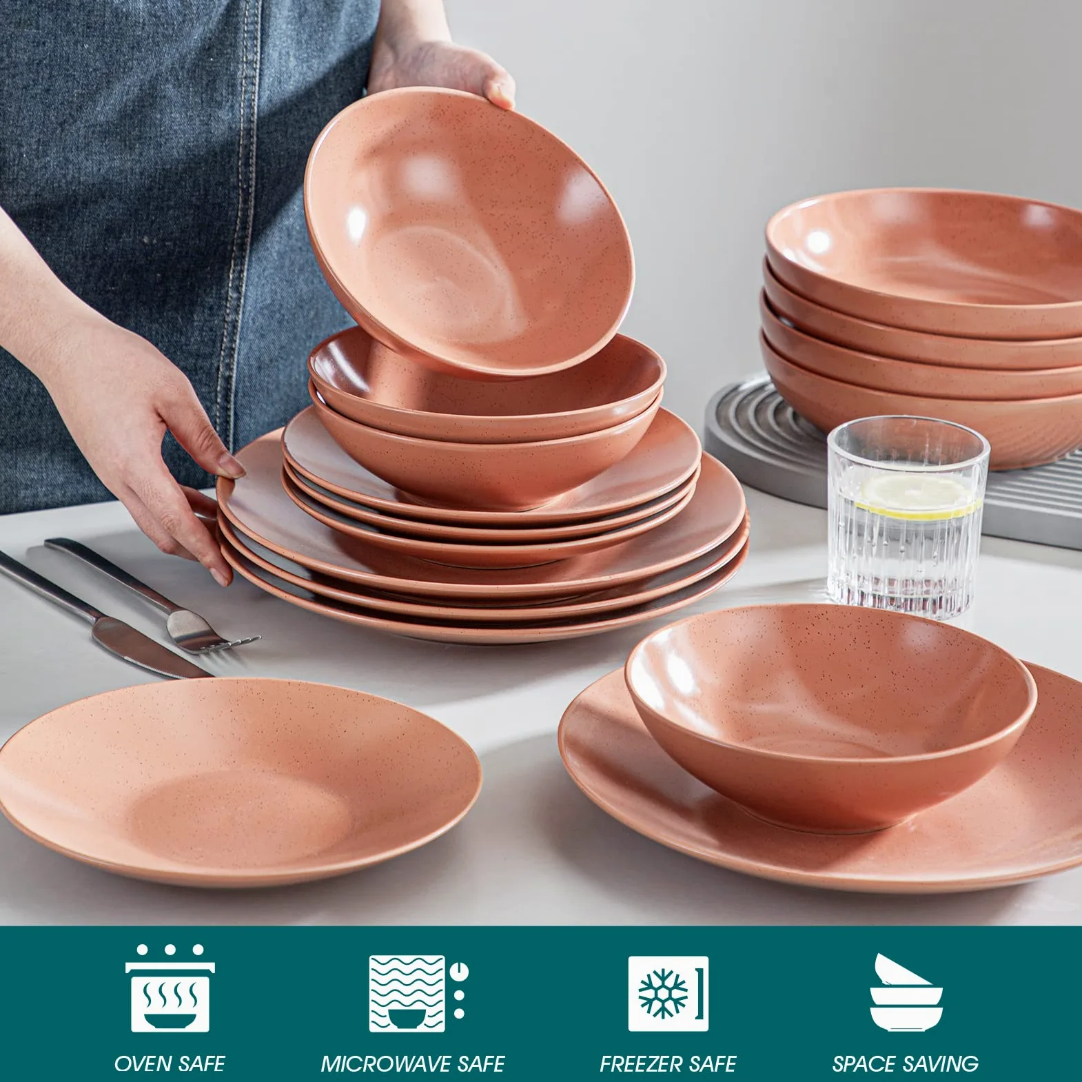 vancasso Sabine Set di stoviglie da 32 pezzi in gres, set di piatti semi-opachi, 8 Piatti Piani, 8 Piatti Dessert, 8 Piatti Fondi e 8 Ciotole Cereali servizio per 8 persone, terracotta