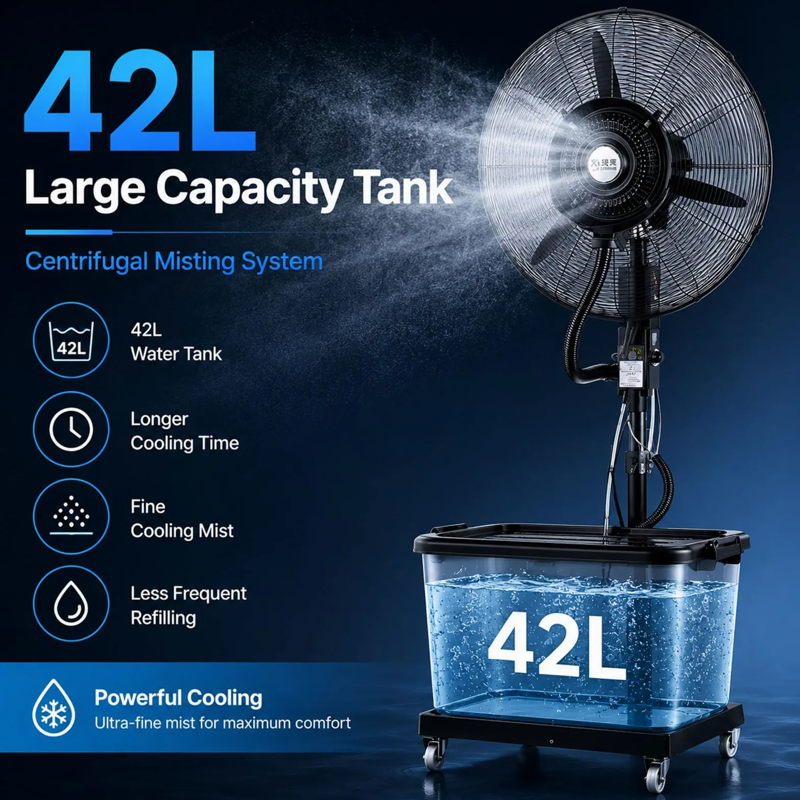 Ventilatore Industriale con Nebulizzazione ad Acqua, Ventilatore a Spruzzo ad Alta Potenza con Serbatoio da 42 Litri, Umidificatore Evaporativo Portatile su Ruote per Esterni, Terrazze e Capannoni