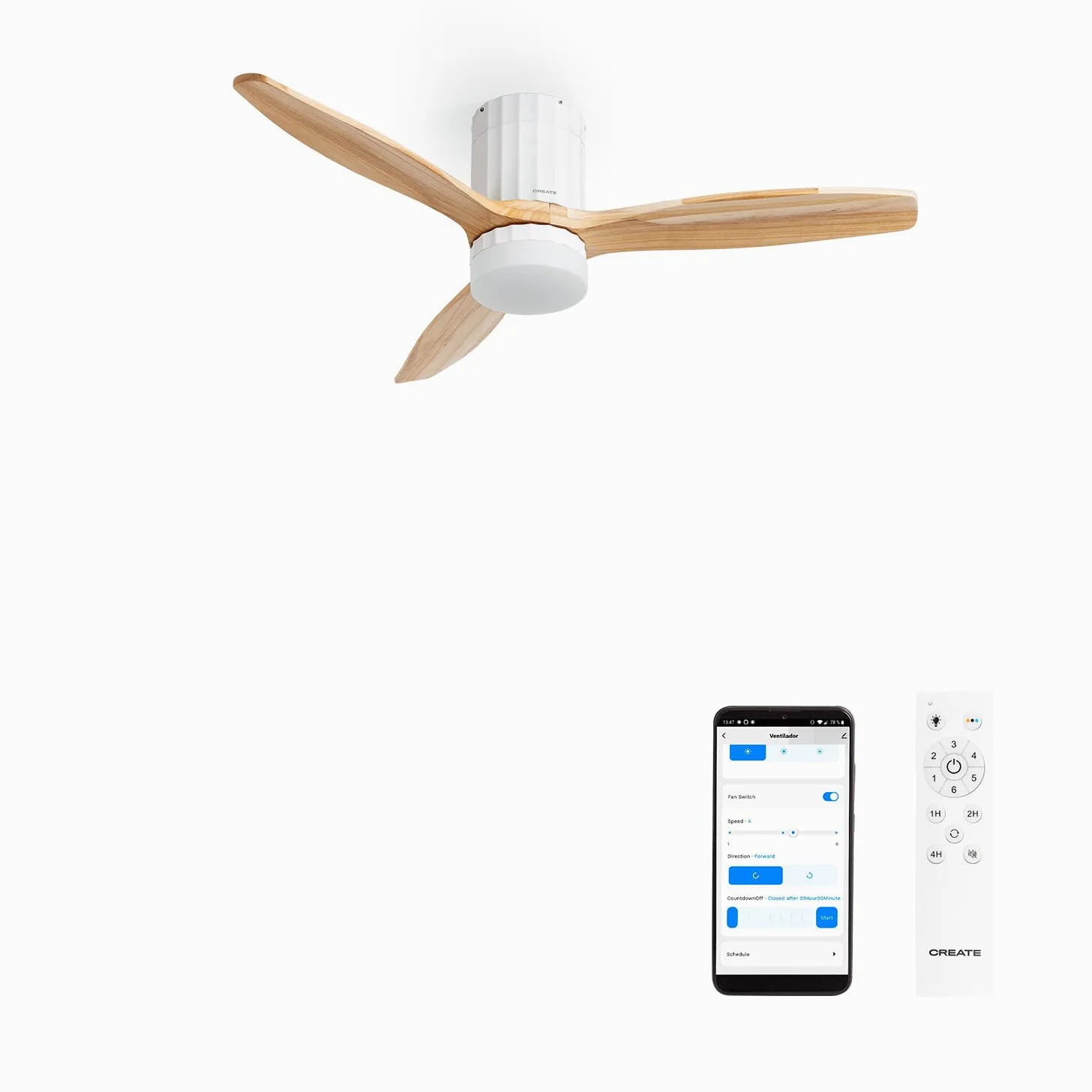CREATE / WINDCALM LINE/Ventilatore da soffitto bianco con luce Wifi e telecomando, pale Legno chiaro linee verticali / 40W, Timer, Ø132 cm, 6 velocità, 3 temperature di luce, funzione estate-inverno