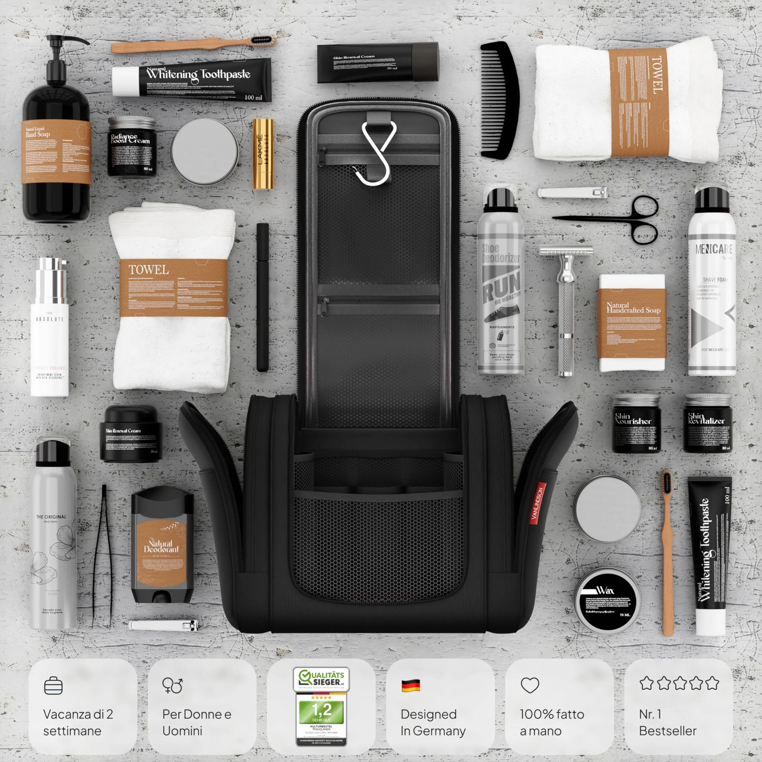 VanLindson Beauty Case da Viaggio XXL 9 Litri 3-in-1 Trousse Appendere Impermeabile Borsa Toilette Nero Opaco