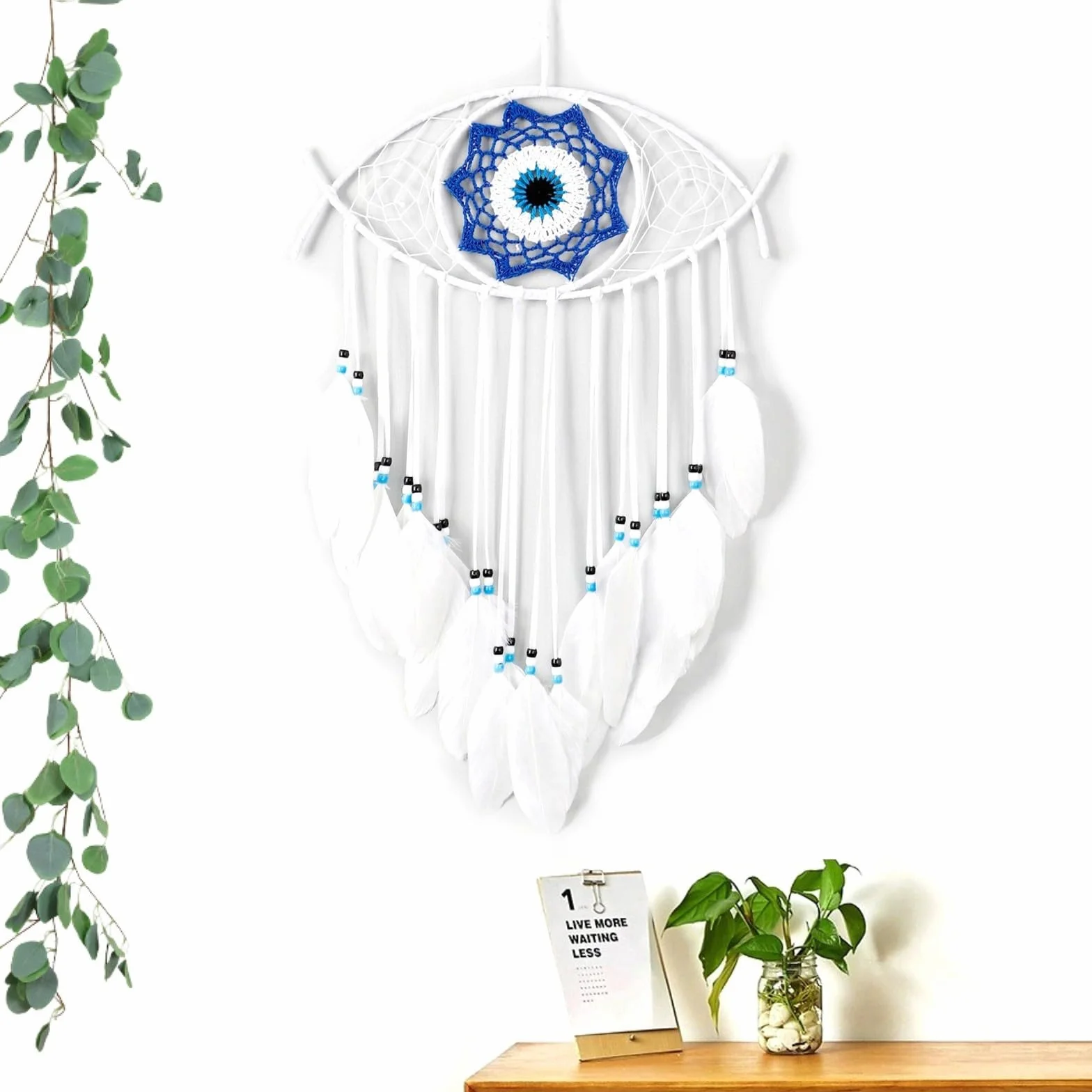 Evil Eye acchiappasogni macramè occhio turco bianco piume decorazione camera da letto ornamento parete