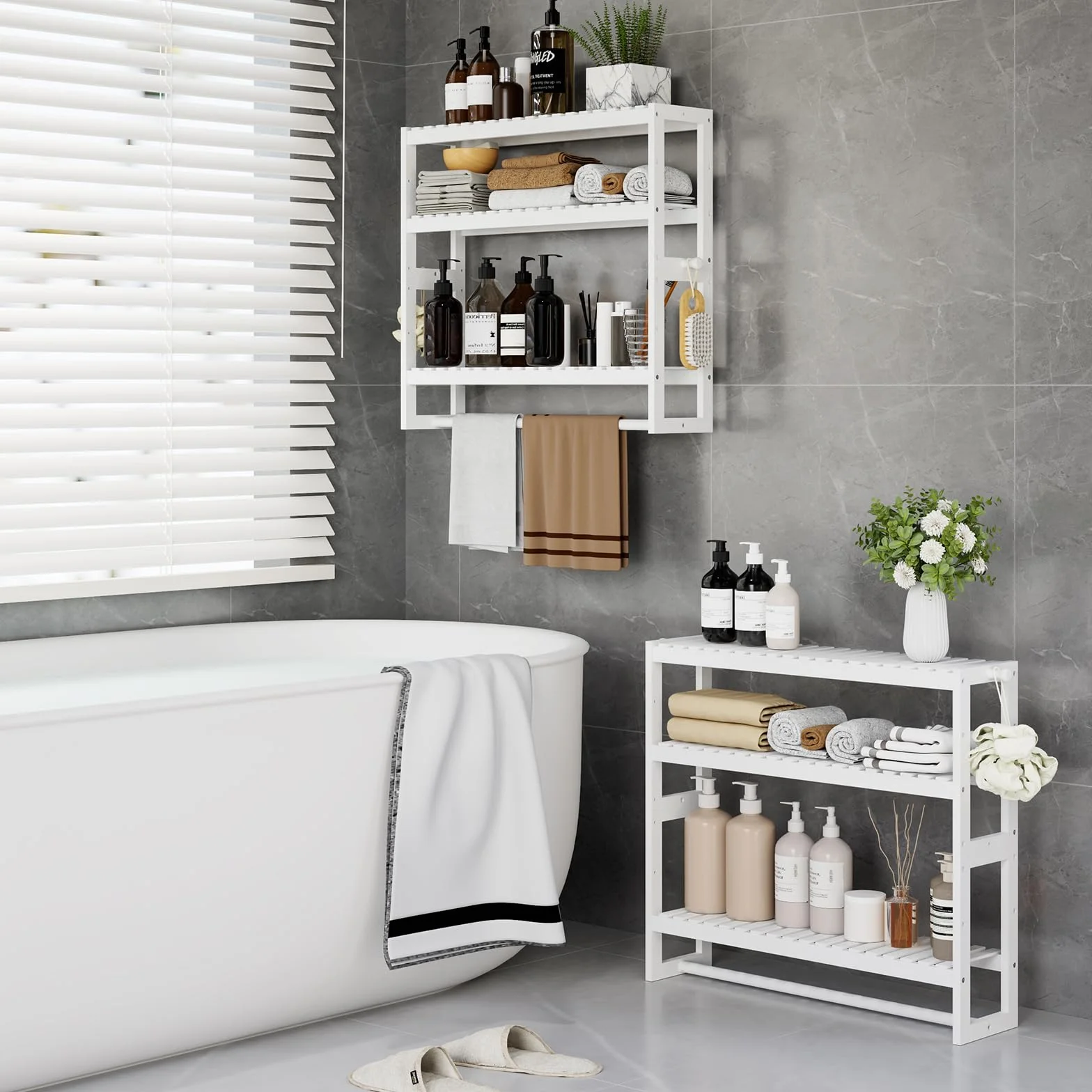 Mensola portaoggetti da bagno 50x53,2x15 cm 3 livelli regolabili bambù bianco con asta appendiabiti