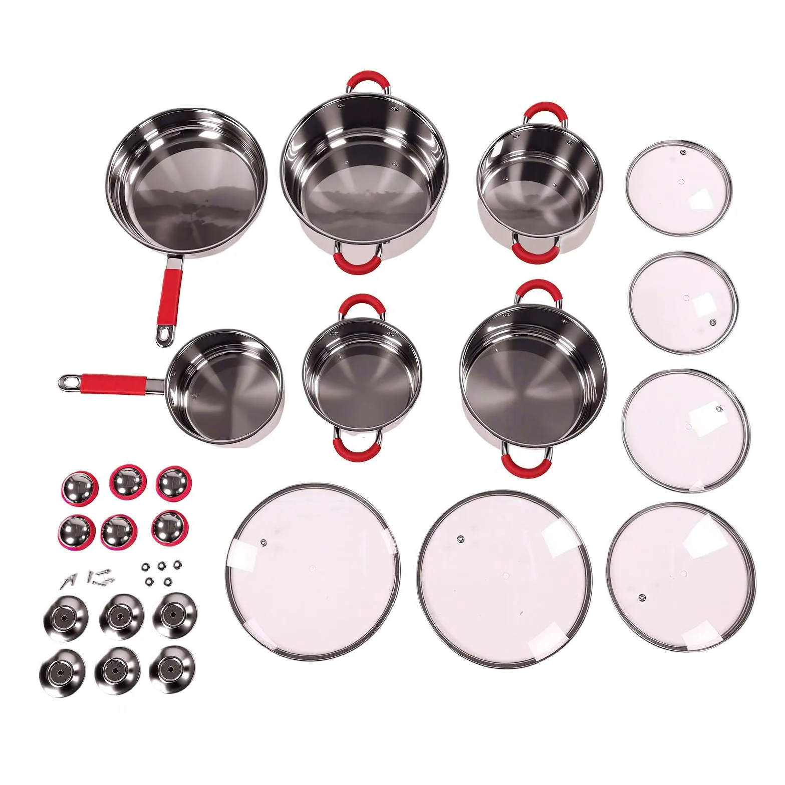 Fockety Set di pentole, set da 6 pezzi in acciaio inox con coperchi in vetro, base rinforzata a triplo strato per tutti i piani cottura, ideale per la cucinas di tutti i giorni (rosso)