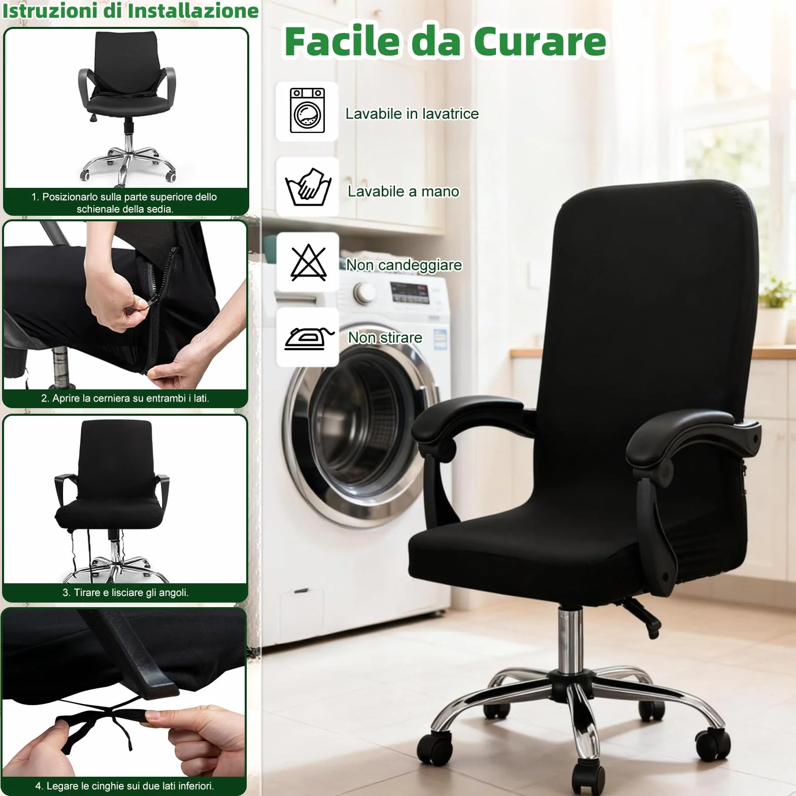 Coprisedia Ufficio Universale Lavabile con Cerniera, Nero M