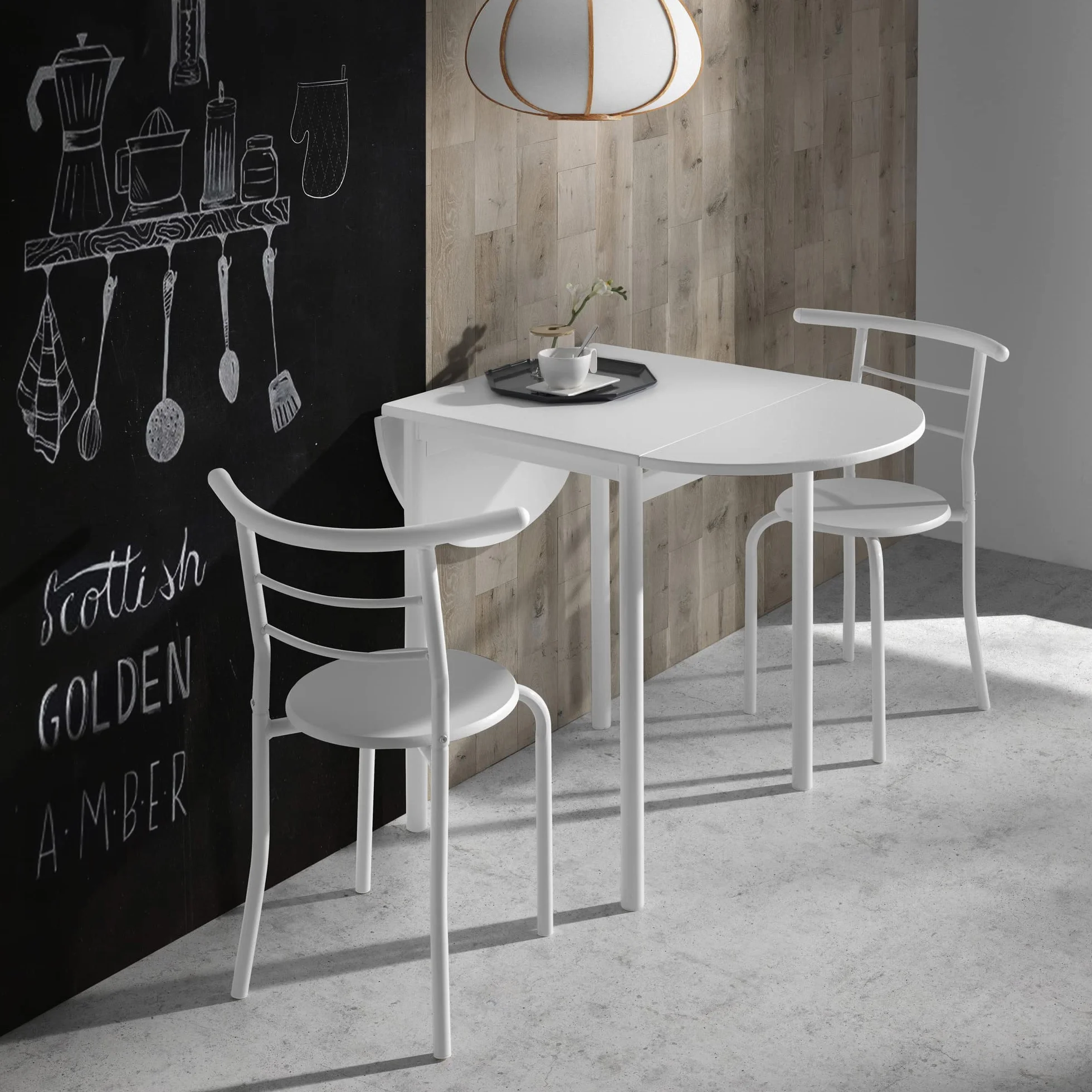 MOMMA HOME Tavolo da Cucina Allungabile e Set di 2 Sedie Modello Leva, Colore Bianco