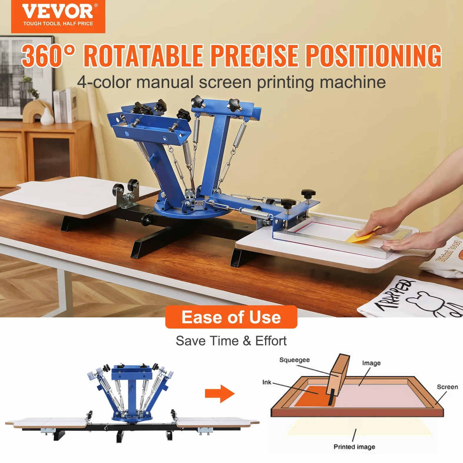 VEVOR Macchina da Stampa 4 Colori 2 Tavole per Abbigliamento Fai-da-te, Stampante per Serigrafia in Acciaio Laminato Serigrafica Manuale 4 Colori 2 Tavole Dimensioni da Stampa 54x45cm Girevole 360°