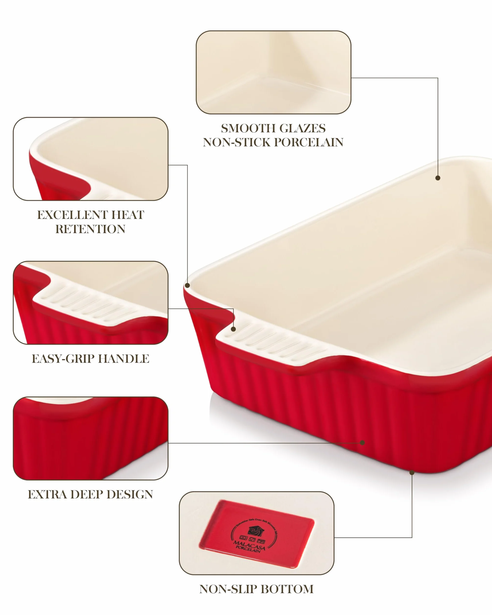 MALACASA Serie BAKE, Teglia Rettangolare in Porcellana da 4200 ml, Grande Teglia con Manici per Gratin e Casseruole, Lavabile in Lavastoviglie, Rosso