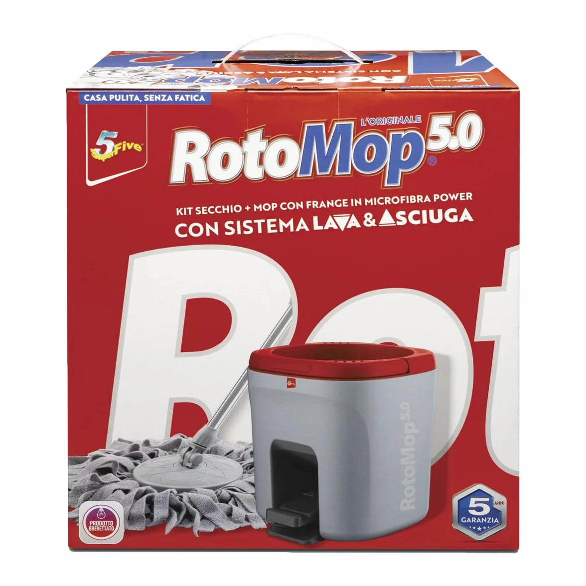 ROTOMOP 5.0 Kit Secchio + Mop con Frange in Microfibra Power con Sistema Lava & Asciuga
