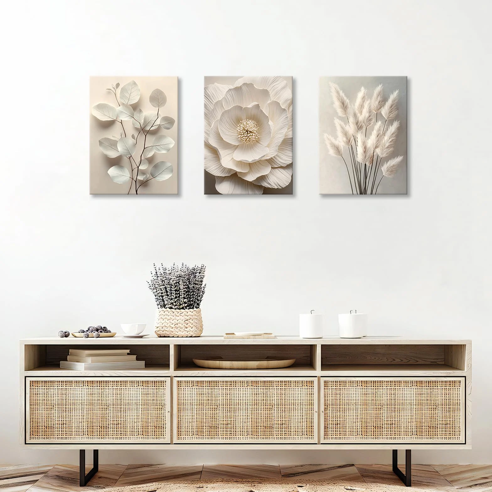 Neutro Beige Floreale Pianta Stampa su Tela Con Cornice Boho 3D Texturizzato Fiore Botanico Quadri Moderni Decorazione Murale 30x40cmx3