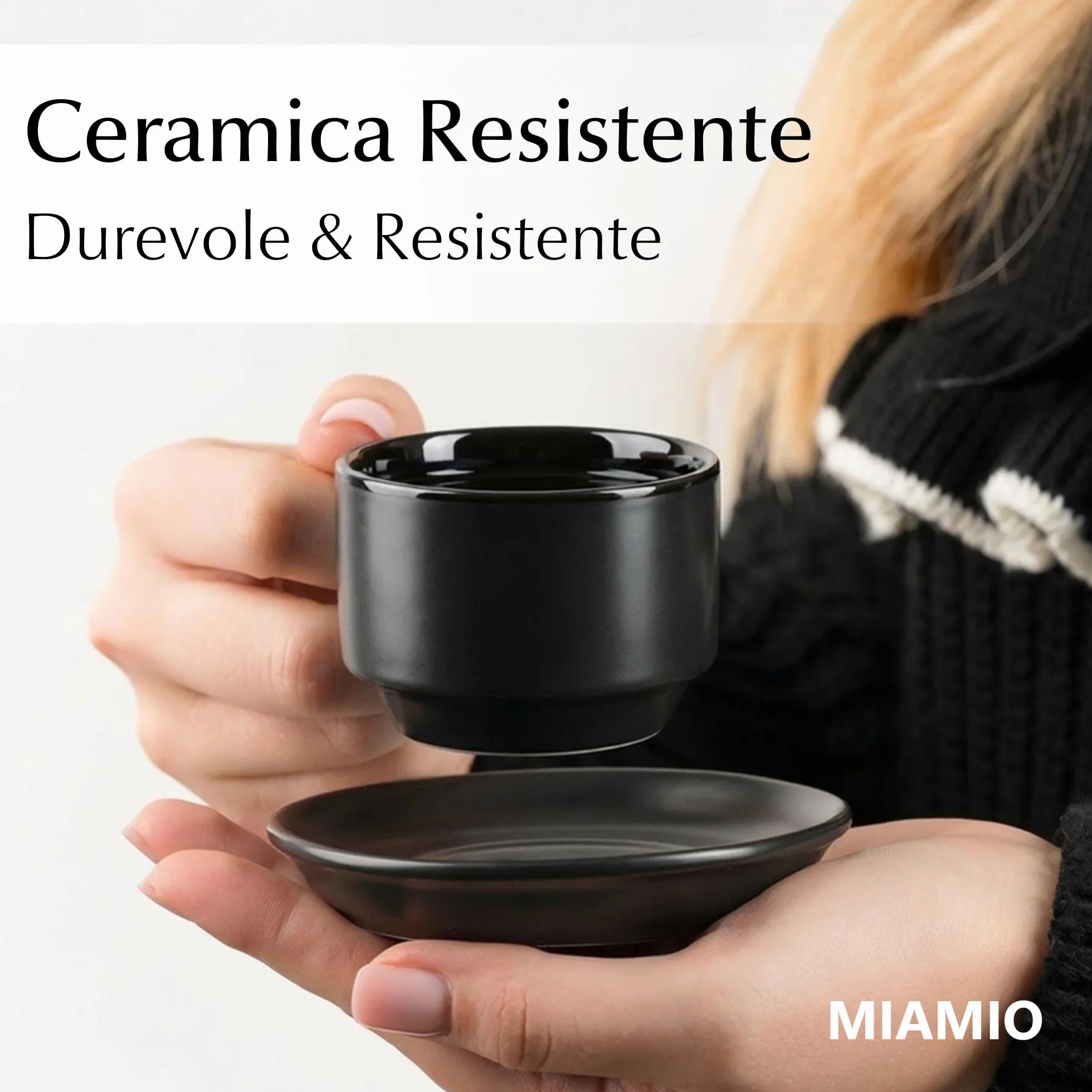 Le Papillon Collezione Set di Tazze da Caffè in Ceramica 6 x 75 ml Espresso Tazzina Impilabile Nero