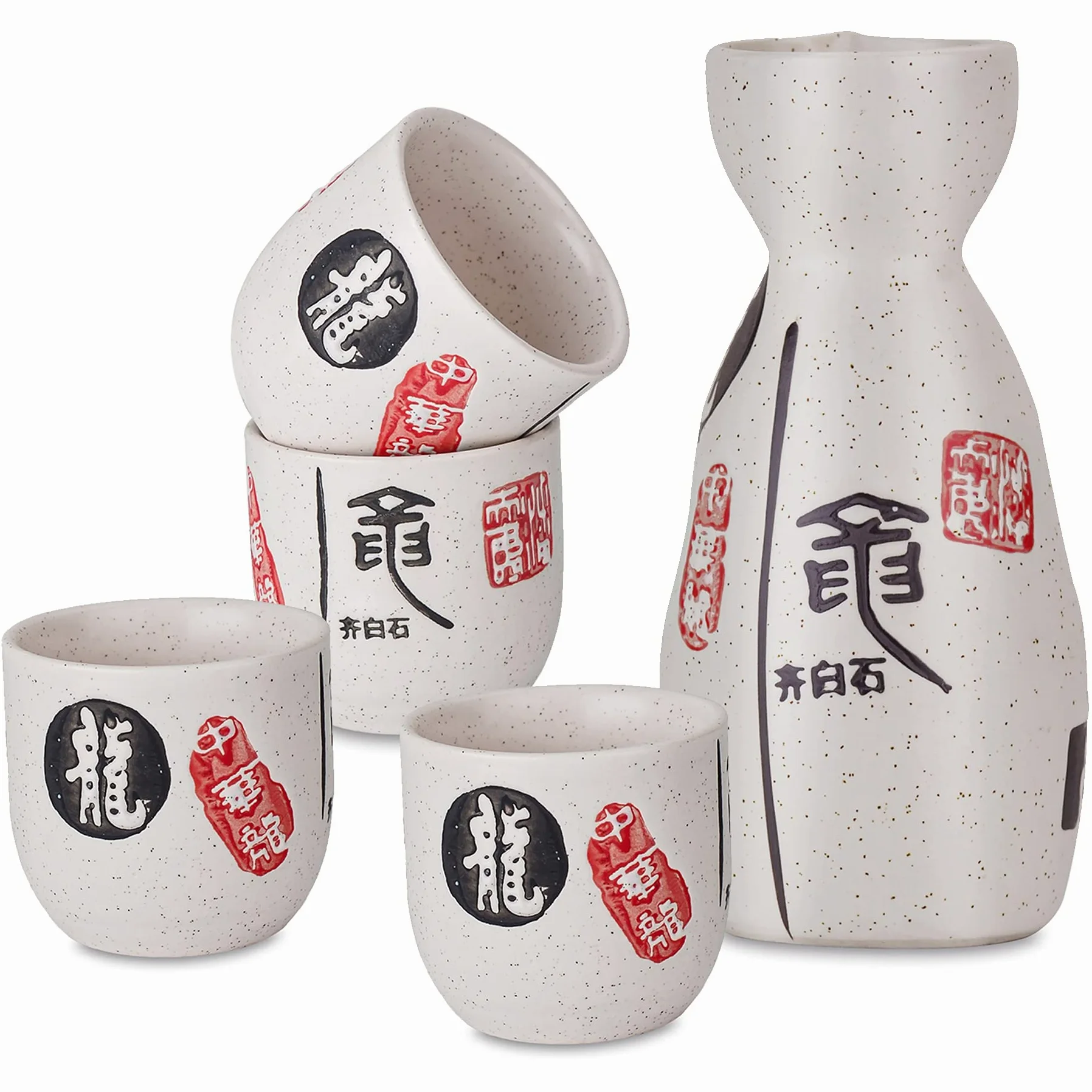 Set e Bicchieri da Sakè, Set Tradizionale Giapponese con Bicchierini da Sakè in Porcellana Ceramica Artigianale Set 5 Pezzi, 1 Sake Pot, 4 Tazze di Sake, Bianca