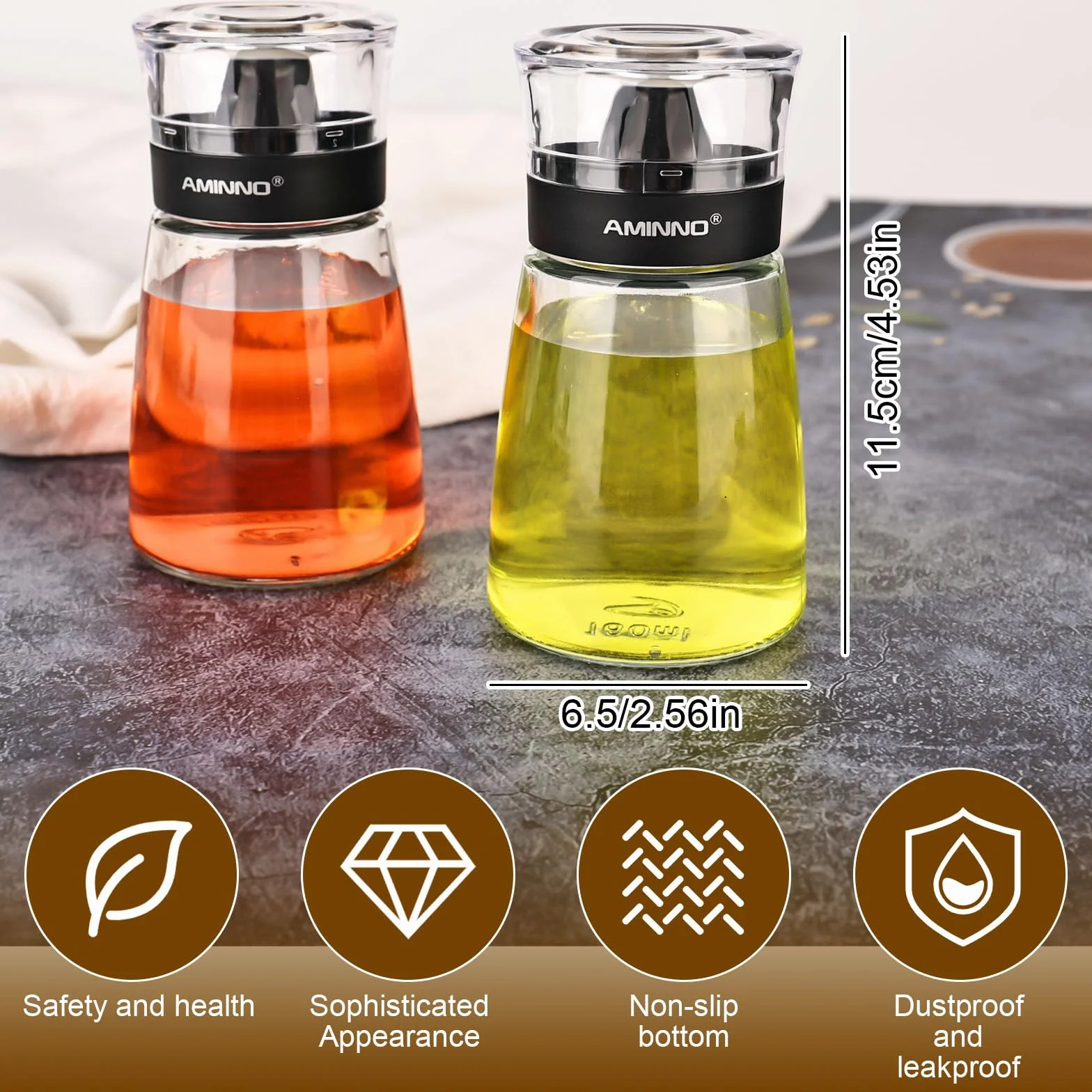 Confezione da 2 dispenser di olio e aceto, a prova di perdite, in vetro trasparente, con beccuccio, 160 ml, per esterni, campeggio, cucina da picnic