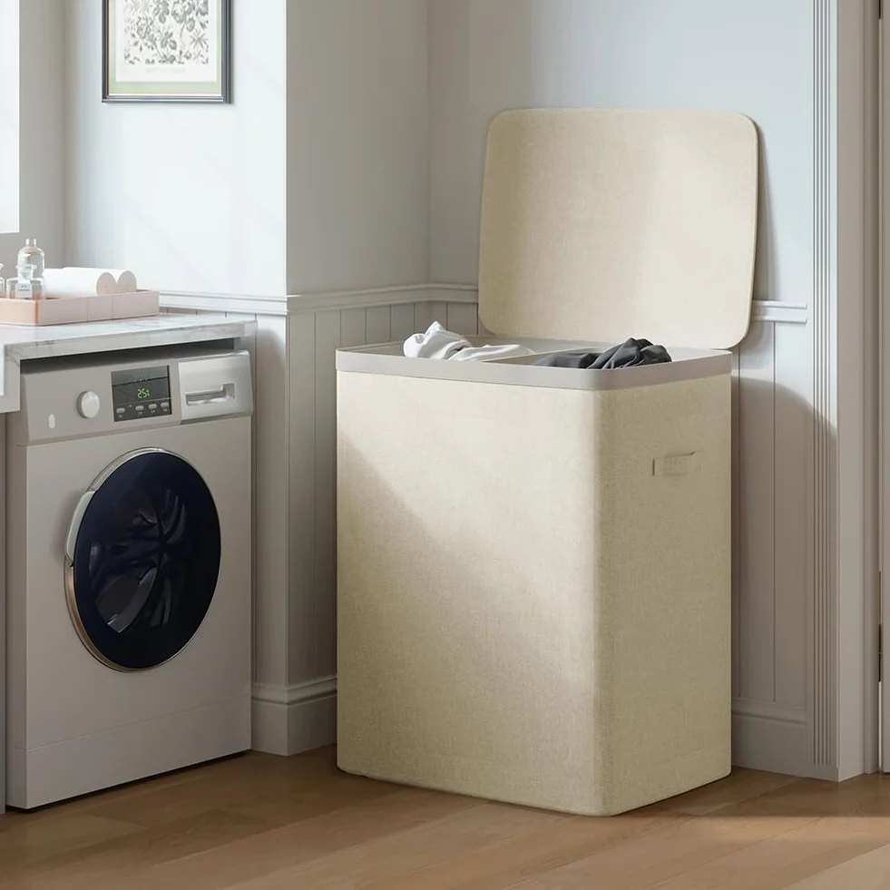 BAKAJI Cesto Portabiancheria Sporca a 2 Scomparti, Cestino Doppio in Poliestere con Sacchi Estraibili per Biancheria e Bucato con Maniglie, Coperchio Antiodore, 56 x 40 x 67 cm (Beige)