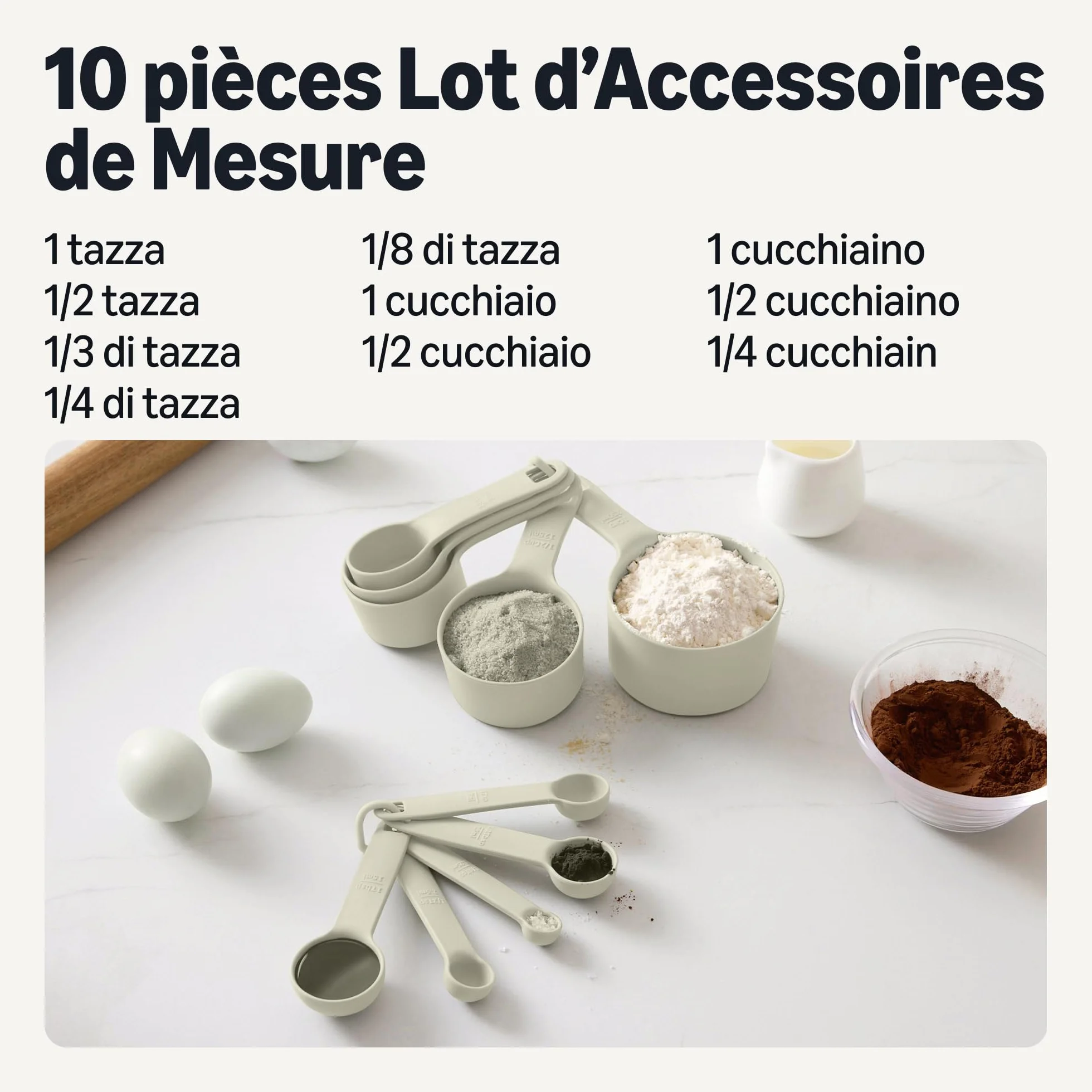 Amazon Basics Misurini e Cucchiai Dosatori, Set di 10 Pezzi, Lavabili in Lavastoviglie, Grigio Lino