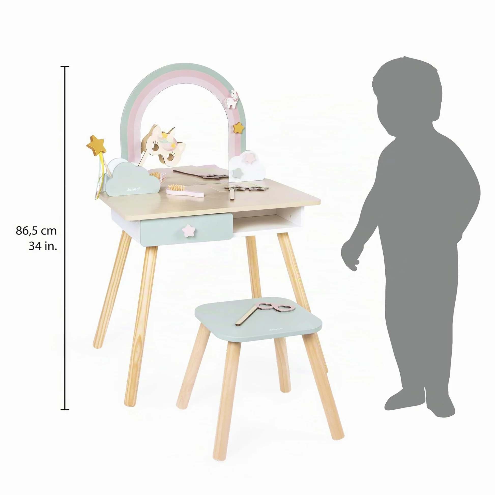 Janod Tavolino da Toilette per Bambina, Tema Unicorno, Gioco d'imitazione, Tavolino da Toilette con Specchio e Sgabello Giocattolo, 10 Accessori, Dimensioni 56,6 x 42,5 x 86,25 cm, da 3 Anni