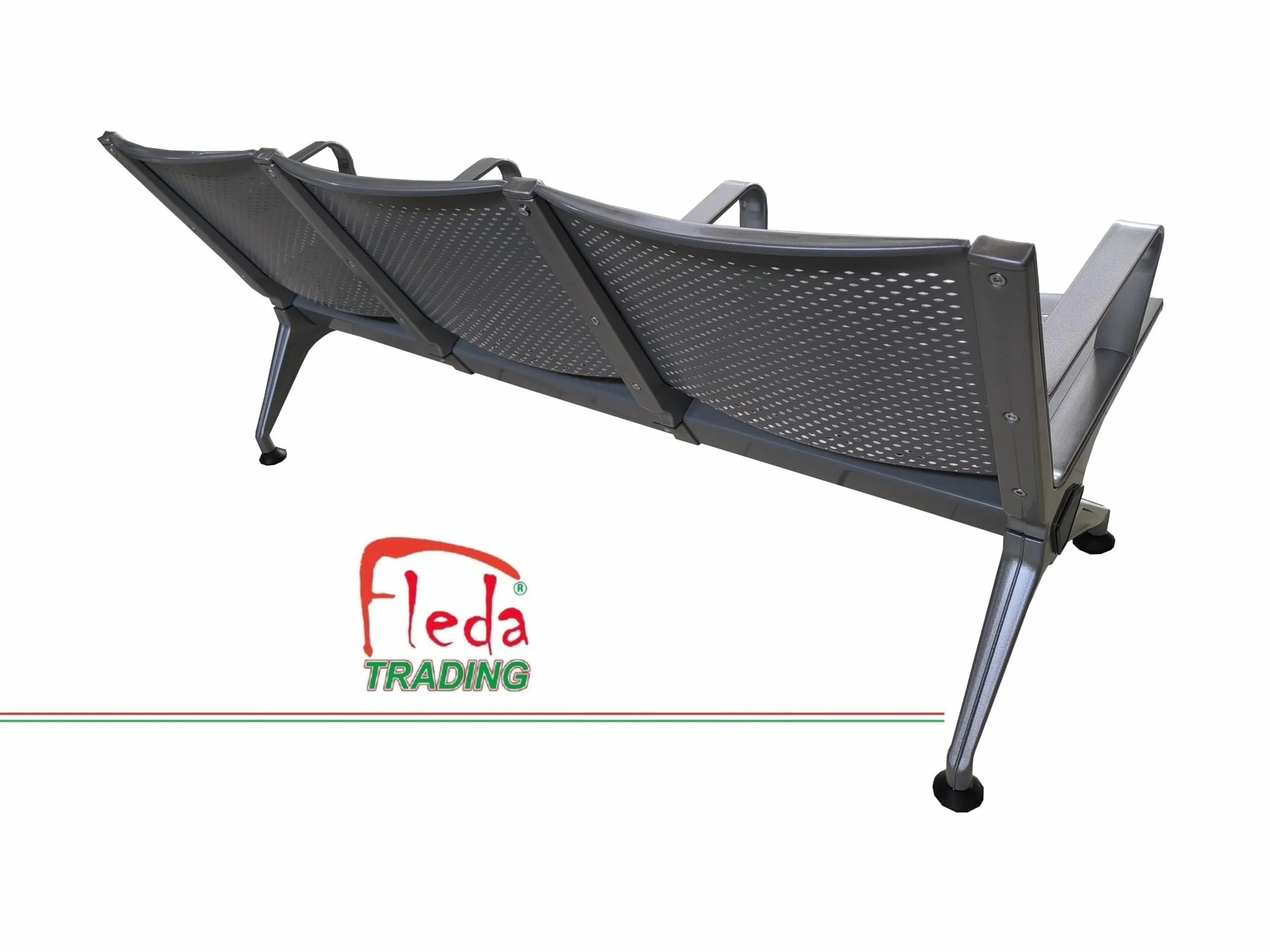 Panca in Metallo per Sala d'Attesa 3 Posti, Sedute Ufficio in Acciaio Verniciato Grigio con Lamiera Traforata Sagomata, Design Elegante e Moderno per Studio Professionale, 175x68x77 cm