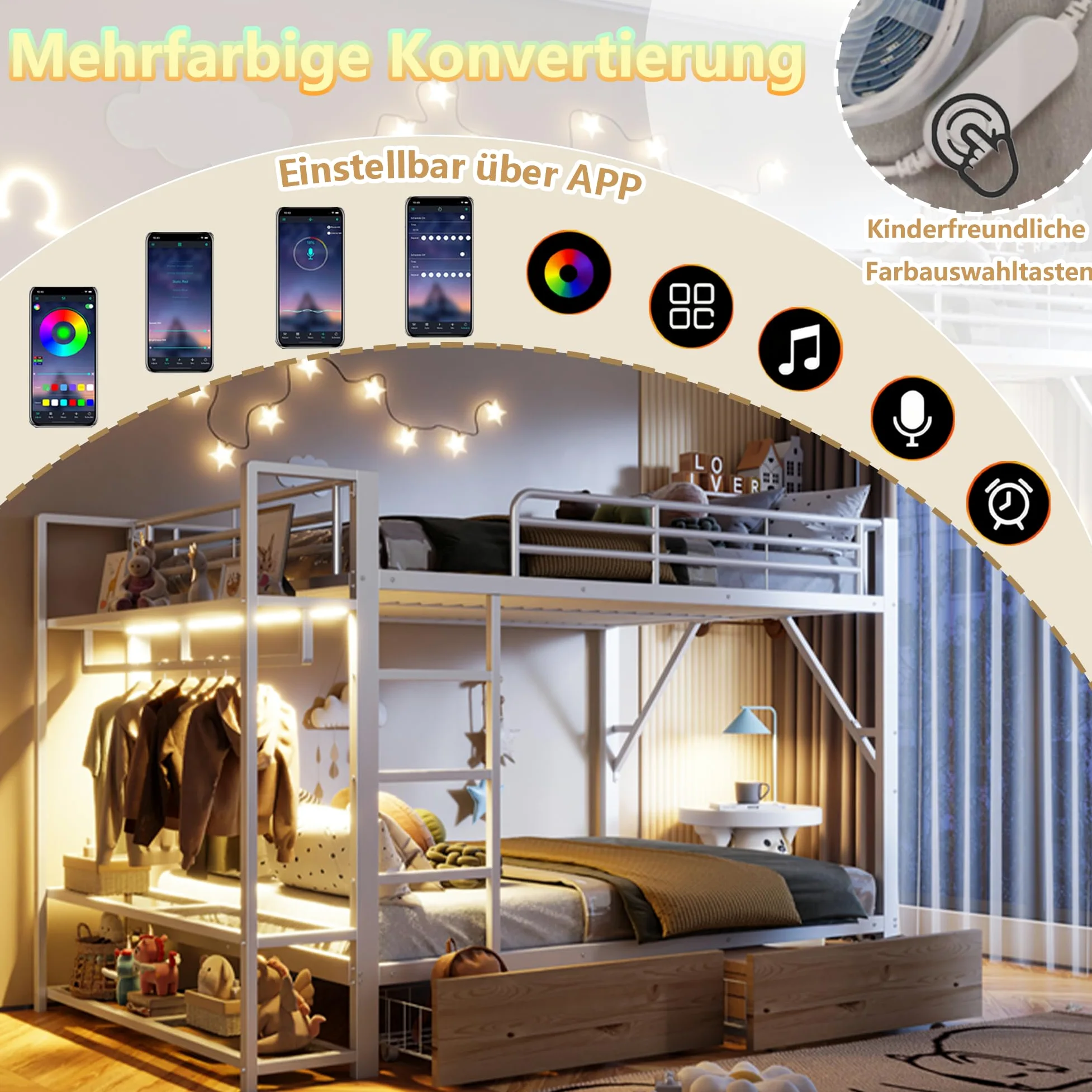 Letto a soppalco 140x200cm con striscia luminosa a LED e appendiabiti,metallo letto a castello con 2 cassetti e ripiani multipli,ferro letto matrimoniale,letti per ado,senza materasso,Bianco