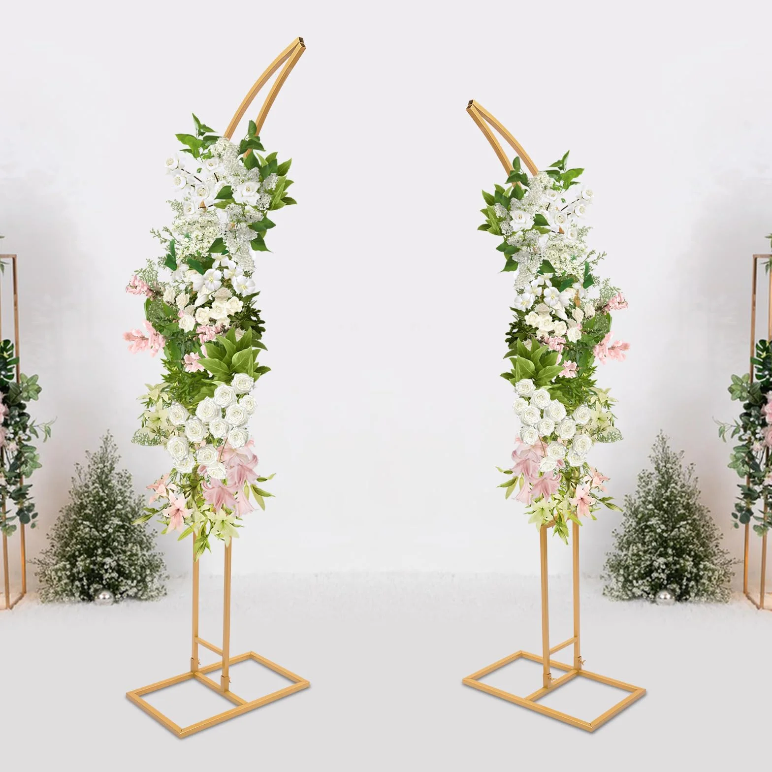 Set di 2 supporti per arco per matrimonio, arco di fiori a forma di mezza luna, supporto per sfondo in metallo, 2,1 m e 1,9 m, ideale per matrimoni, compleanni e feste (oro)