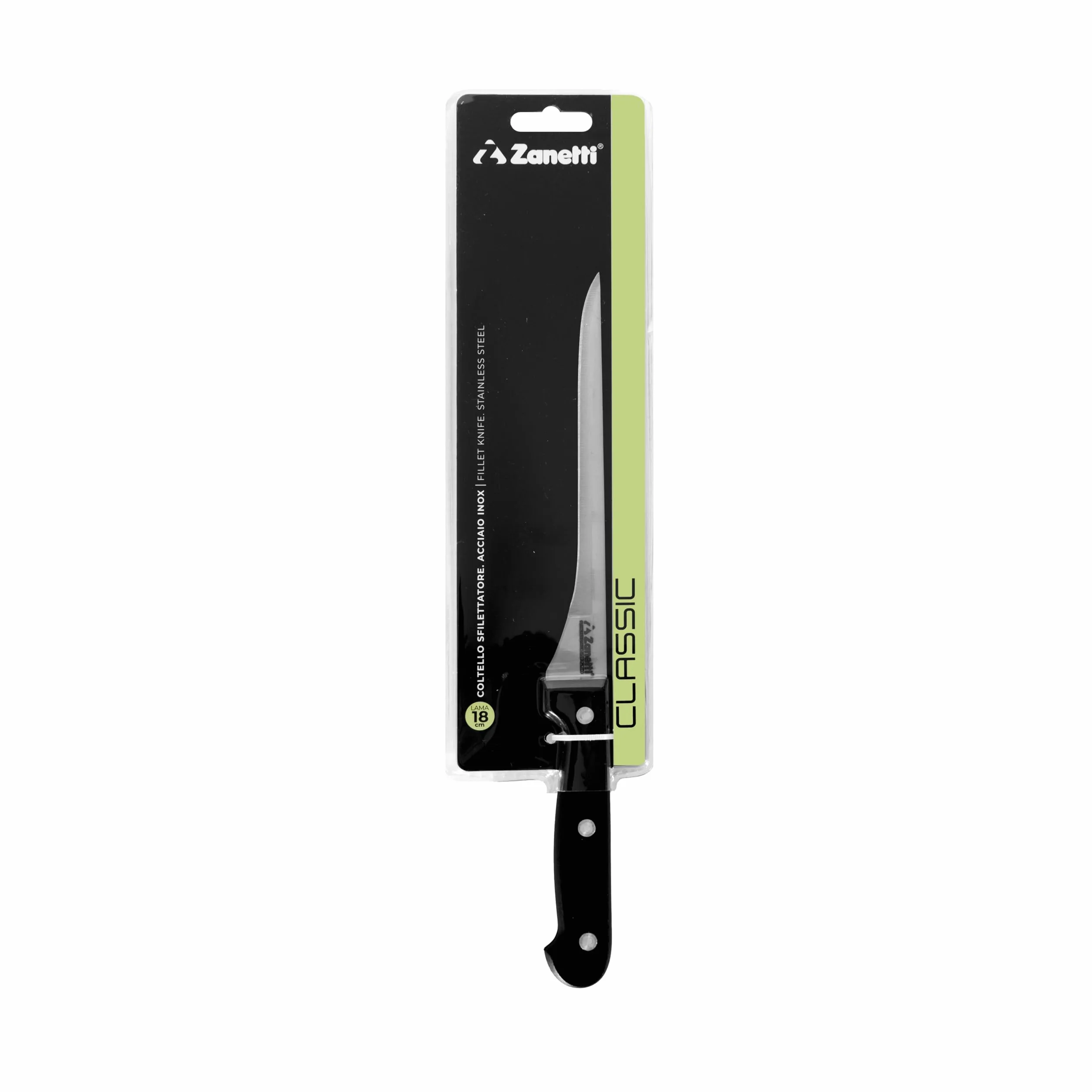 Zanetti Coltello Sfilettare Classic Acciaio Inox, Finitura Mat, Lama 18 cm, Spessore 1.5 mm, Manico Rivettato