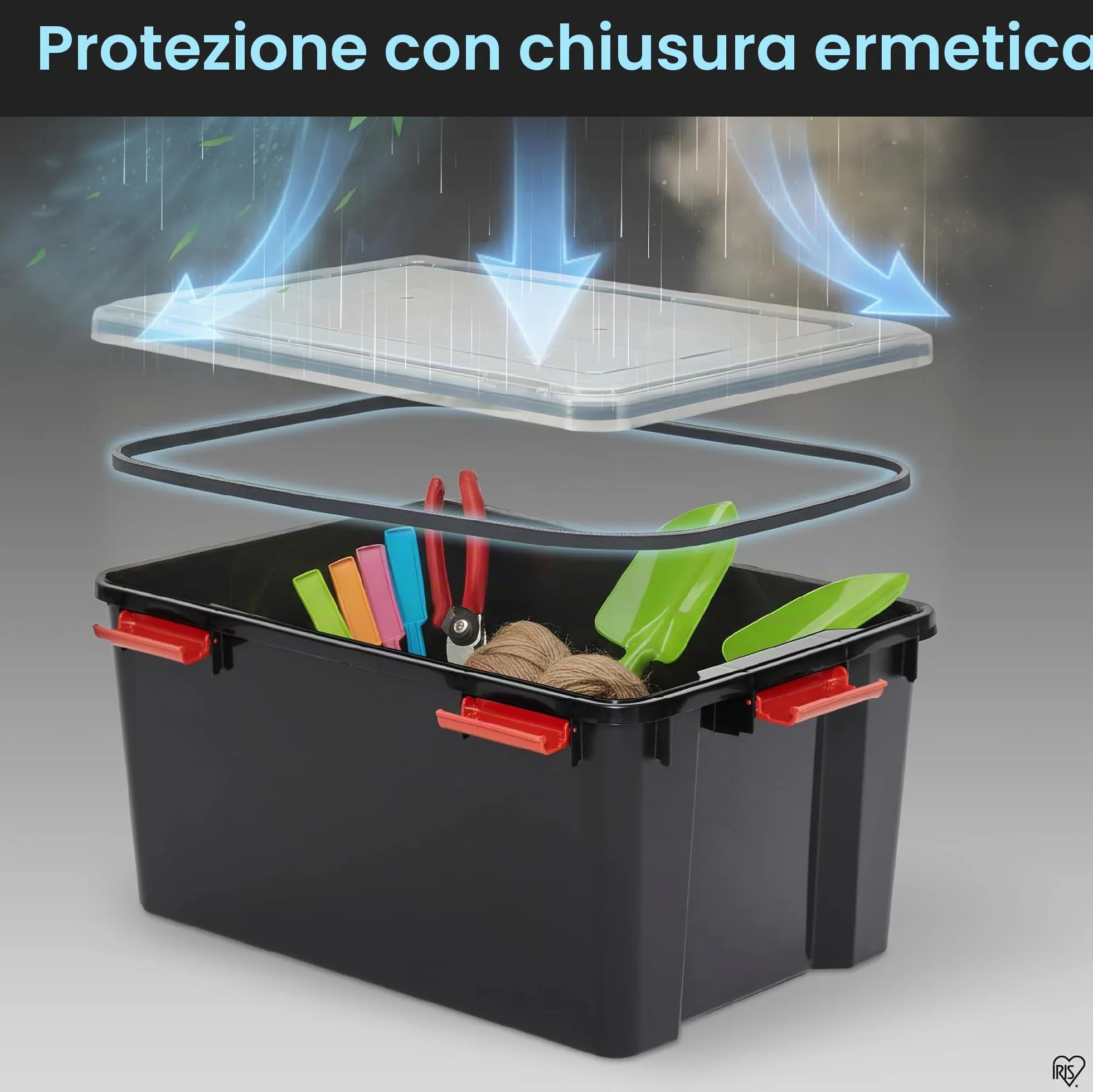 Iris Ohyama Scatole Portaoggetti Ermetiche 50L Set di 2 Nero Coperchio Impermeabile Impilabile AT-L