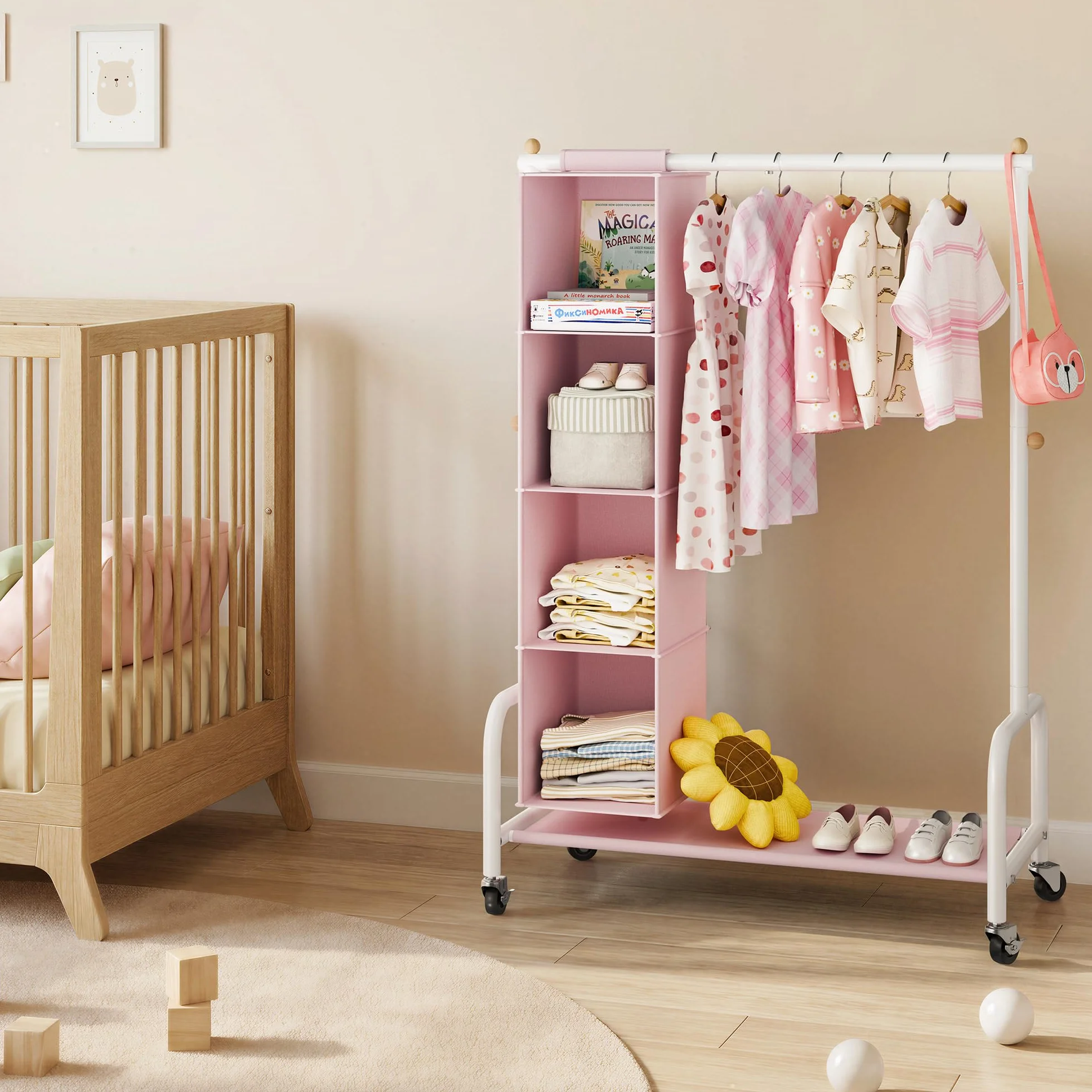 GRANNY SAYS Appendiabiti per Bambini con Organizer a Sospensione, Appendiabiti con Ruote per Travestimenti, Appendiabiti per Bambini, Appendiabiti per la Cameretta dei più Piccoli, Rosa/Bianco