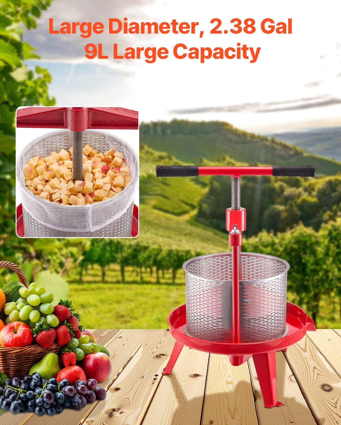 VEVOR Pressa Manuale per Vino di Frutta Cesto in Acciaio Inox 9L con Manico, Spremiagrumi Manuale per Bevande Alcoliche Pressa per Sidro, Mela, UVA, Tintura, Miele, Olio d'Oliva Cucina, Casa