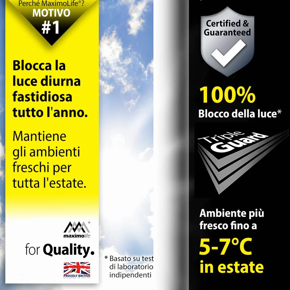 Tenda oscurante MaximoLife® Ultimate 100% | Adatta a finestre di qualsiasi dimensione/forma | Griglia guida di taglio per un taglio più facile | Ventose potenti | Gancio e passante resistenti
