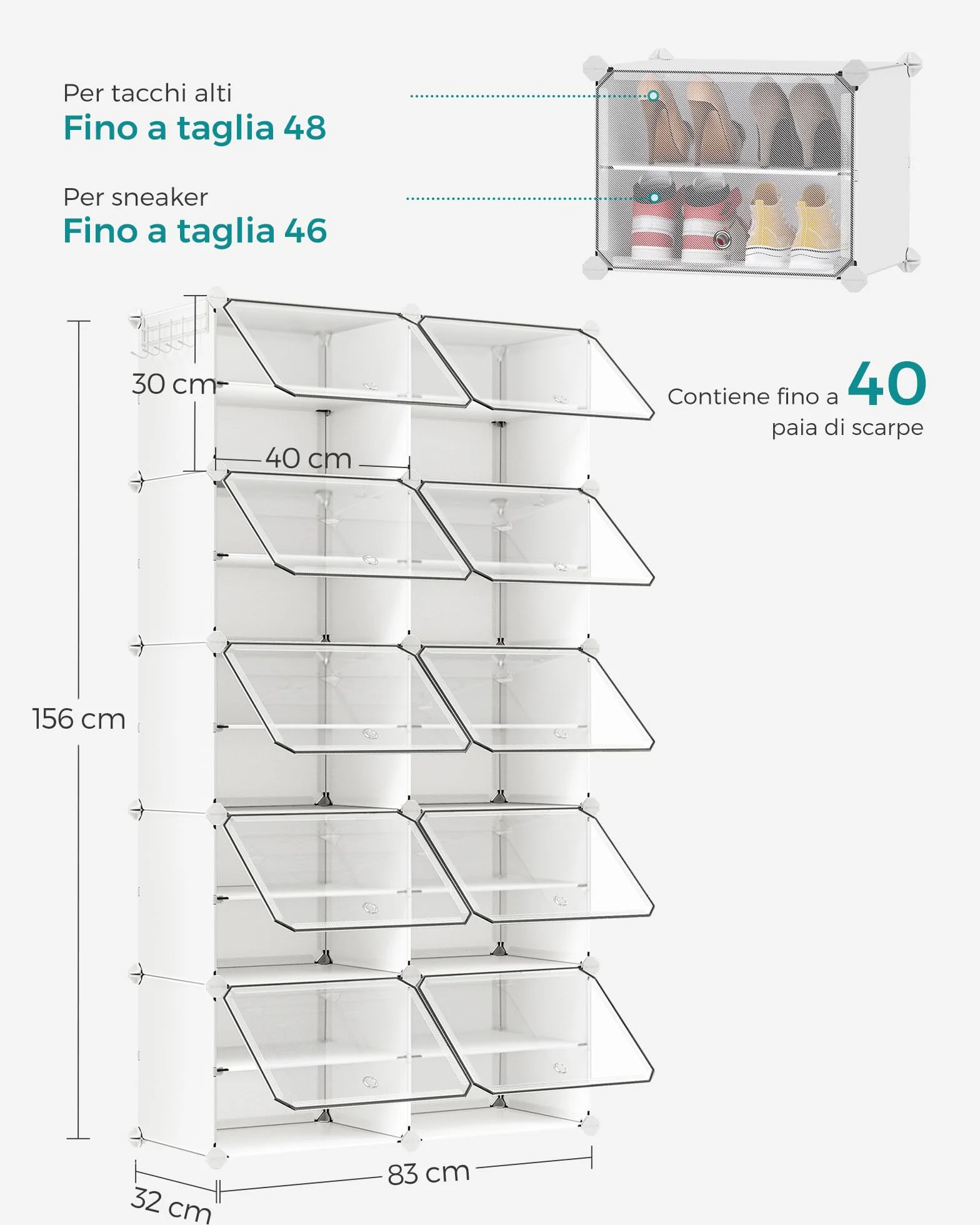 SONGMICS Scarpiera Modulare 10 Scomparti 40 Paia Scarpe con Sportelli Telaio Acciaio Bianco Trasparente LPC035W01