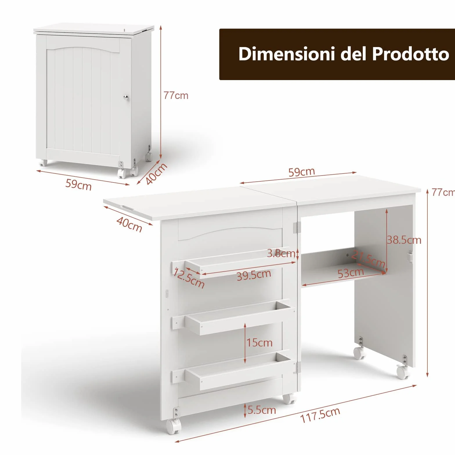 RELAX4LIFE Mobiletto per Macchina da Cucire Pieghevole su Ruote Bloccabili, Tavolo da Cucito in Legno con Ripiani Portaoggetti, Tavolino Cucito Multiuso da Studio e Salotto, 117,5x 40x 77cm (Bianco)