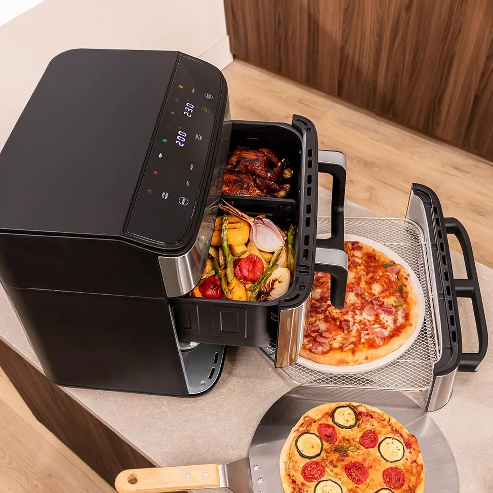 Cecotec Friggitrice ad Aria e Forno 18L Cecofry FoodCourt 18000 4Pizza+. 2700W, Forno Pizza 12" Incl. Pietra, 9L Parete Divisoria, Schermo Color, Acciaio Inox, Sincronizzazione Vaschette
