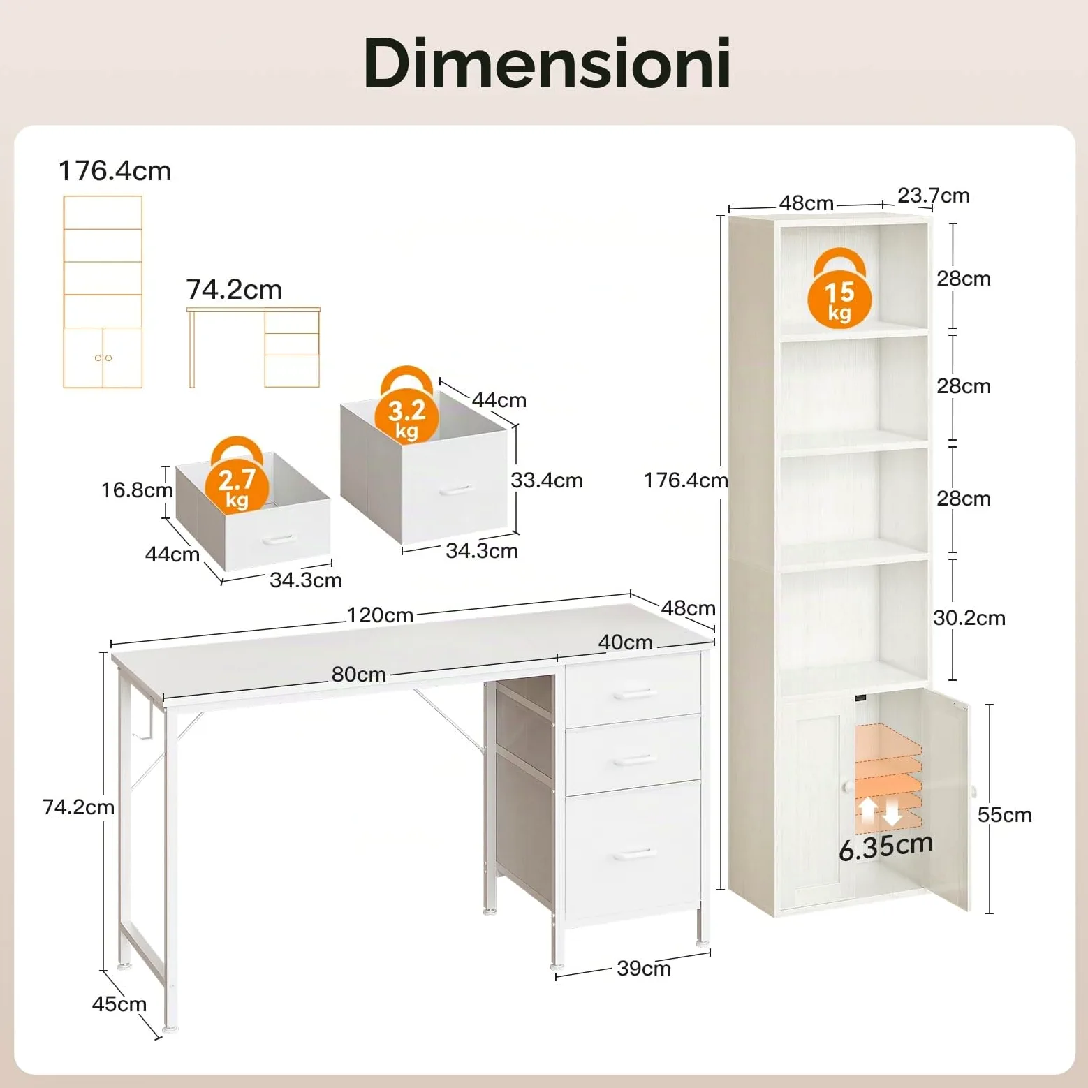 Coleshome Set Mobili Ufficio, Scrivania 120x48cm con 3 Cassetti e Portacuffie & Libreria a 6 Ripiani con Ante 176cm, Set Scrivania e Scaffale Salvaspazio per Casa e Studio, Bianco