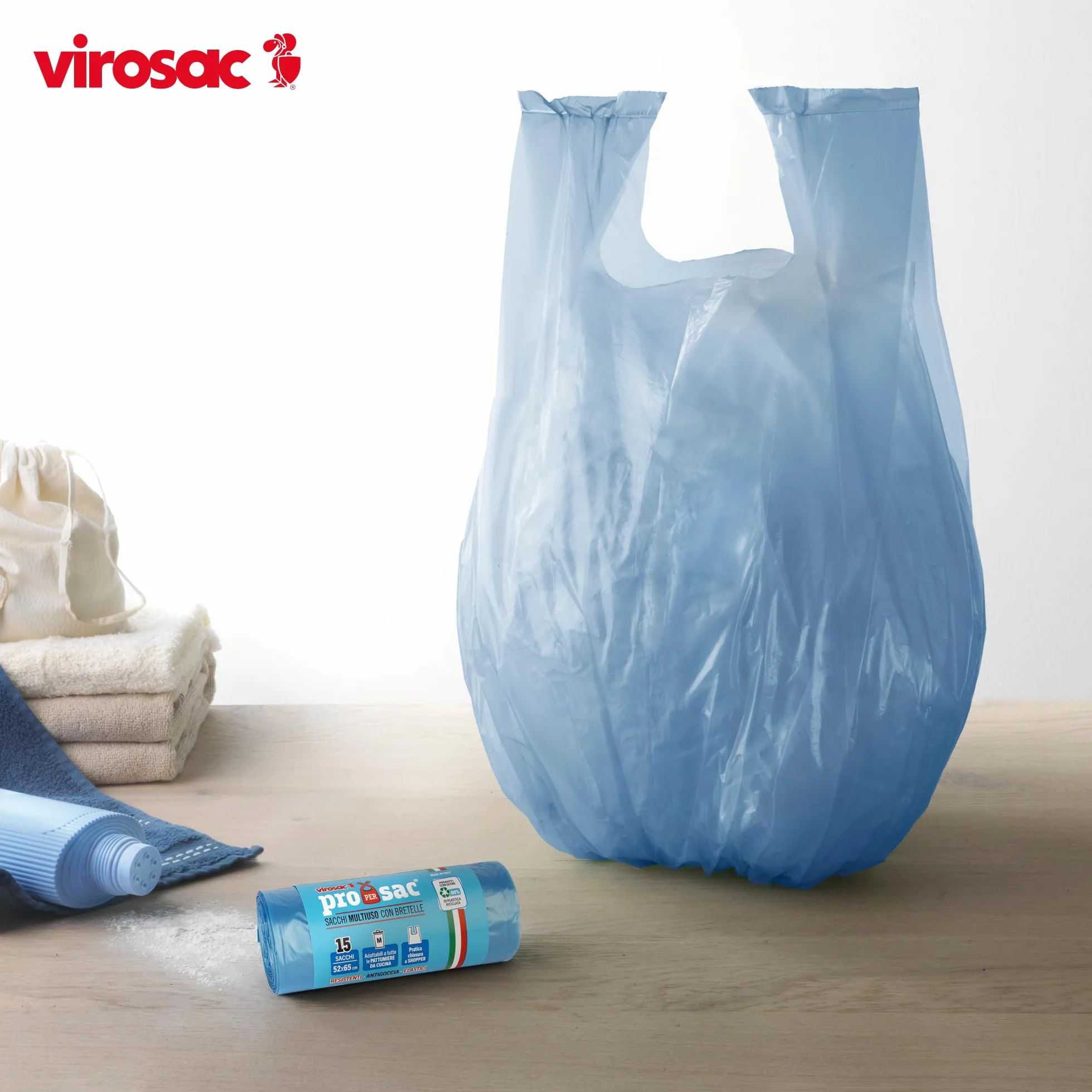 Virosac - Proxsac - Sacchetti profumati a forma di shopper 52x65, 15 pezzi per rotolo, al profumo di talco
