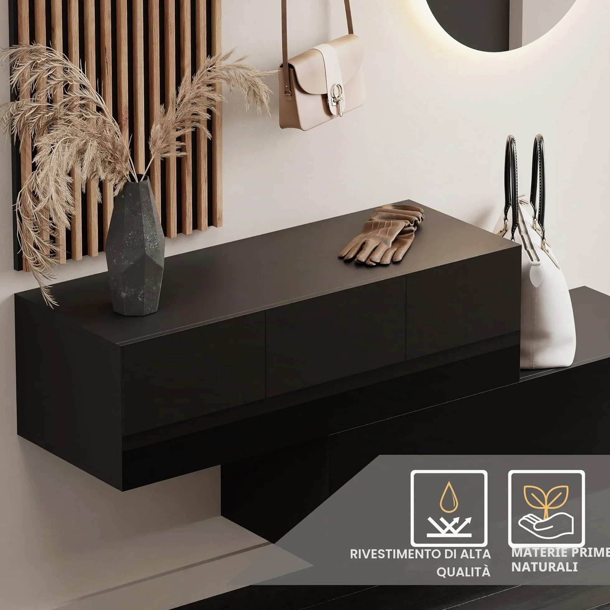 Planetmöbel - Mobile da ingresso, 2 x 100 cm, nero. pannello da parete 50 cm, rovere dorato/antracite, specchio da 50 cm (senza LED), 32,5 x 100 x 37,8 cm (A x L x P)