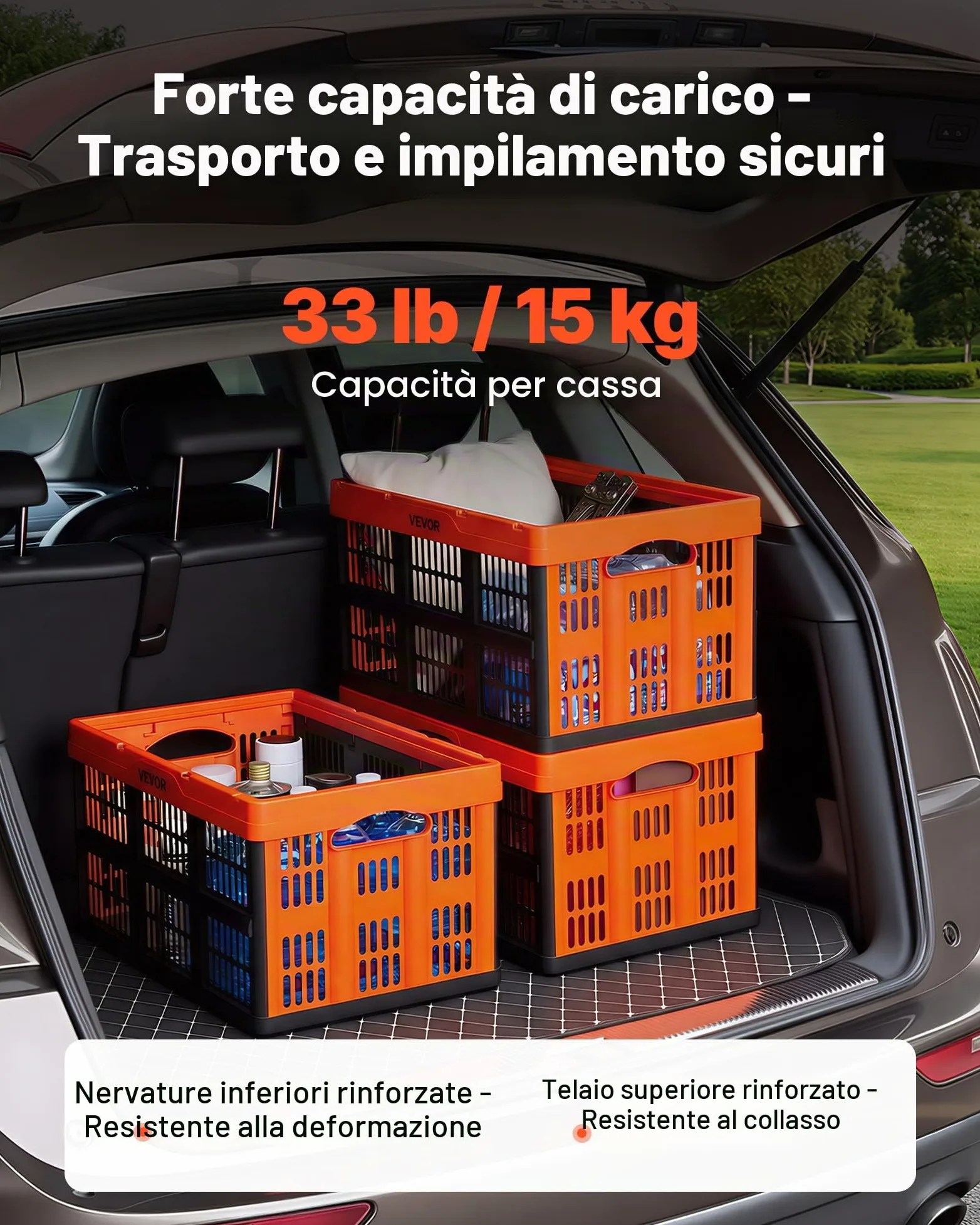 VEVOR Scatole Portaoggetti Pieghevoli in Plastica 45 L, Cassette Pieghevoli Impilabili con Maniglie, Confezione da 6, Portata Massima 15 kg, Cestini Contenitori Pieghevoli Resistenti e Salvaspazio