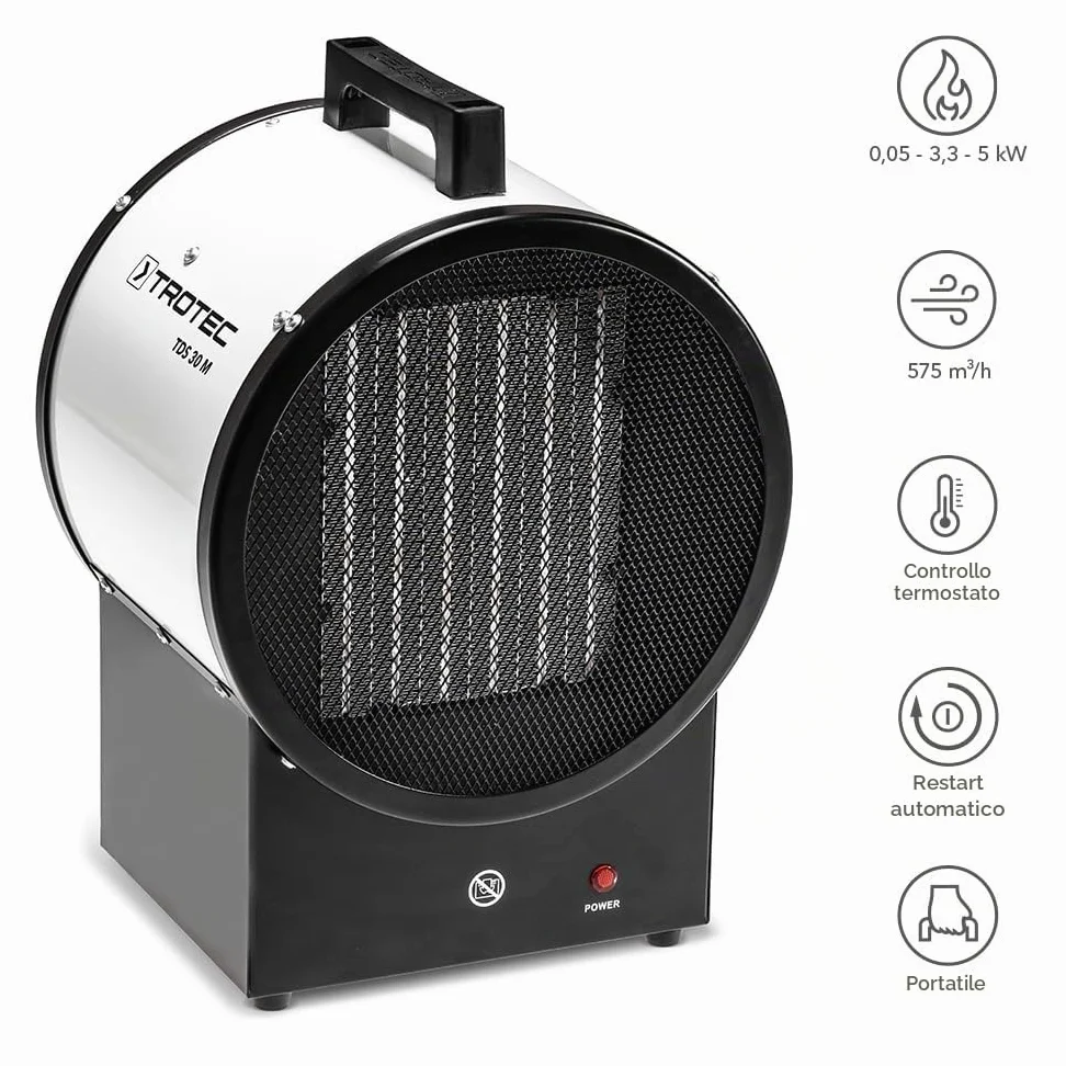 TROTEC TDS 30 M - Riscaldatore elettrico in ceramica, due livelli di riscaldamento e un livello di aria fredda separato, 5kW