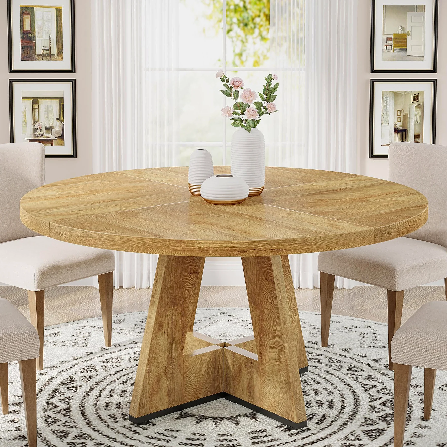 Tribesigns, tavolo da pranzo rotondo in legno da 119 cm per cucina, tavolo da 119 cm per 4-6 persone, mobili in stile fattoria con piano in legno e base a croce, legno chiaro