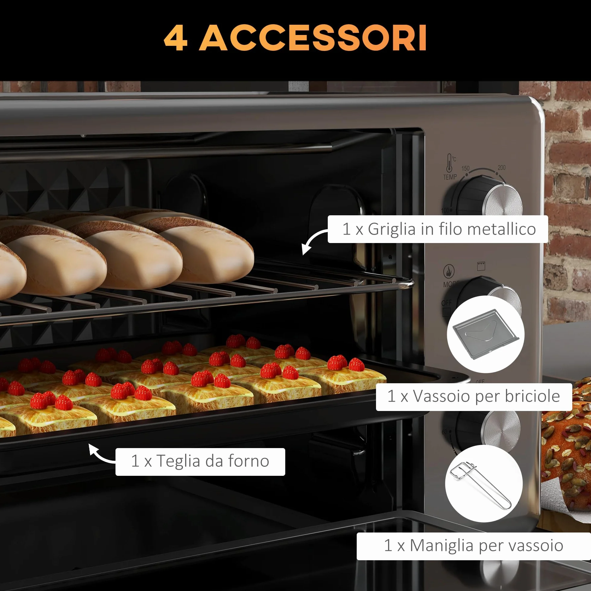 HOMCOM Fornetto Elettrico 30L, Mini Forno Elettrico 1600W, Argento