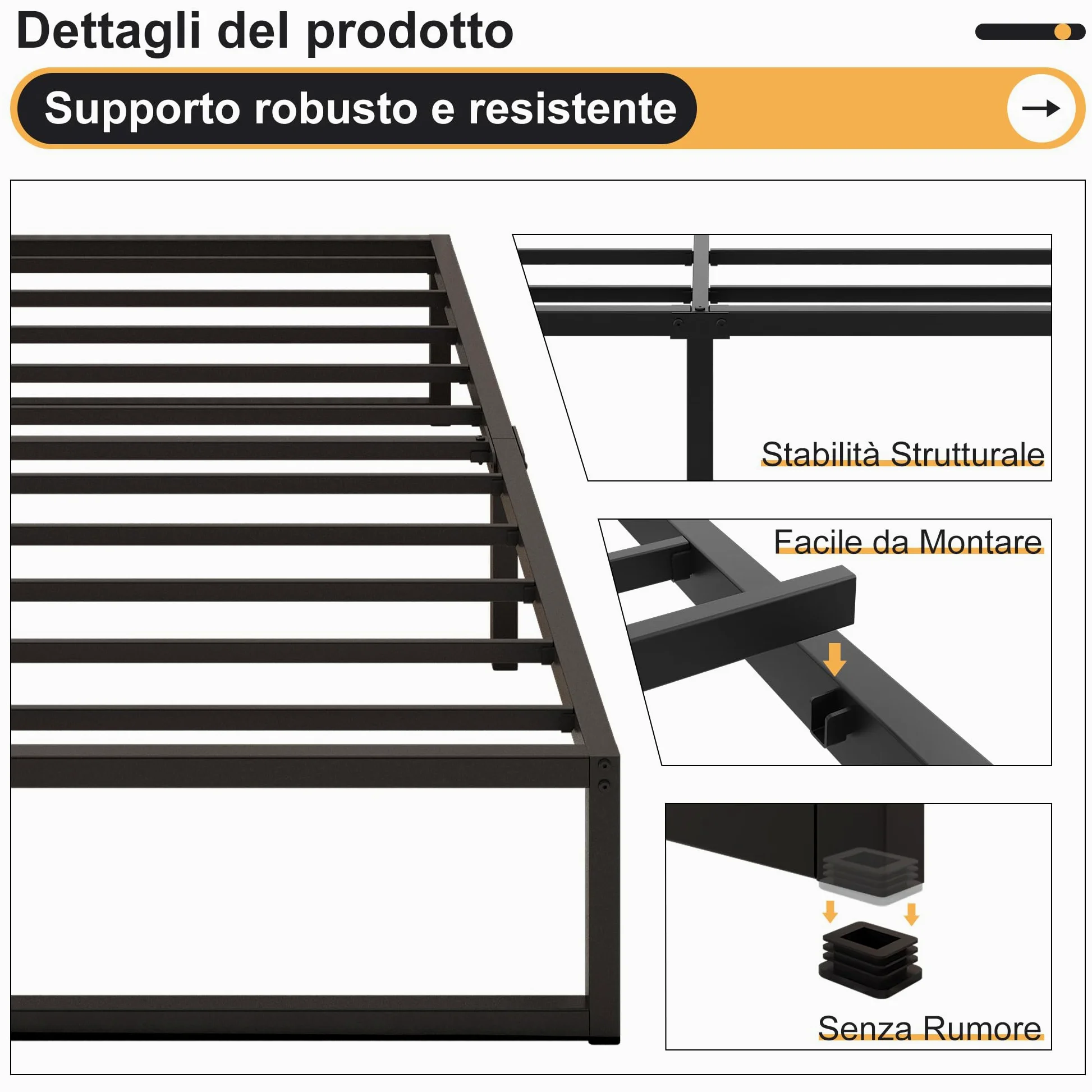 Yicensen Struttura Letto Matrimoniale 160x190 cm, Struttura Letto in Metallo, Supporto Solido, Facile da Montare, Design Silenzioso, Stile Moderno e Minimalista, Altezza 30 cm, Nero