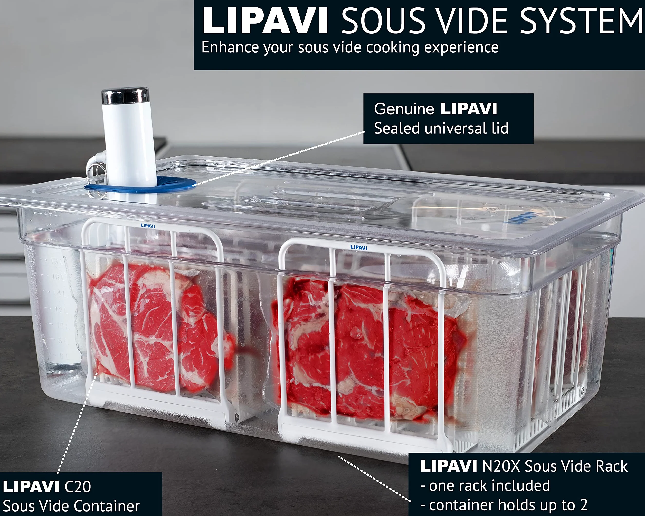 LIPAVI Sous Vide SYSTEM - Coperchio, contenitore e cornice - Cornice in policarbonato - Coperchio Multi-Fit - Bagnomaria 24L - Adatto alla maggior parte dei modelli ⌀70mm