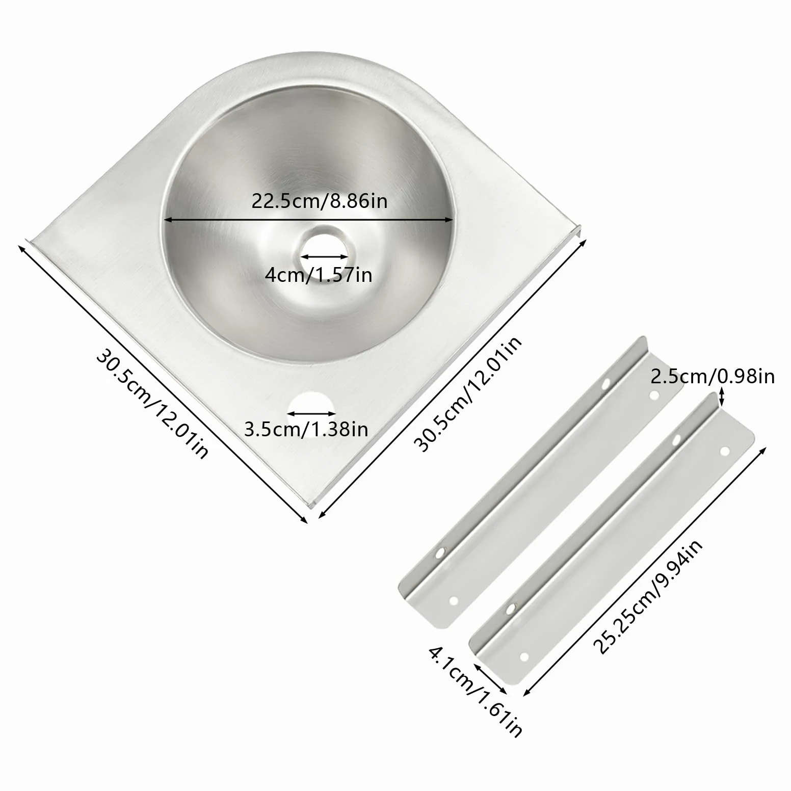 Lavabo in acciaio inox, 30,5 x 30,5 cm, lavello da parete in acciaio inox 304 da 1,2 mm, lavello angolare con scarico, staffe, senza rubinetto, per camper, bagno, cucina